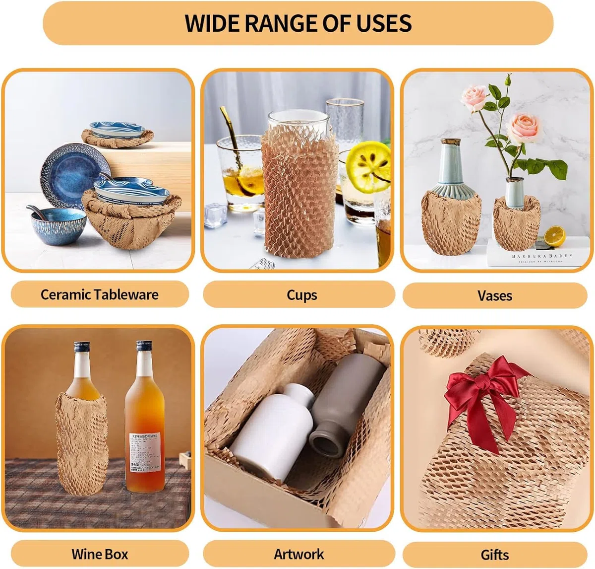 Papel de embalaje de panal, rollo de papel de burbujas de 15 x 300 pies para mudanzas, envíos, regalos de embalaje rompibles con 20 calcomanías frágiles biodegradables y totalmente reciclables, papel