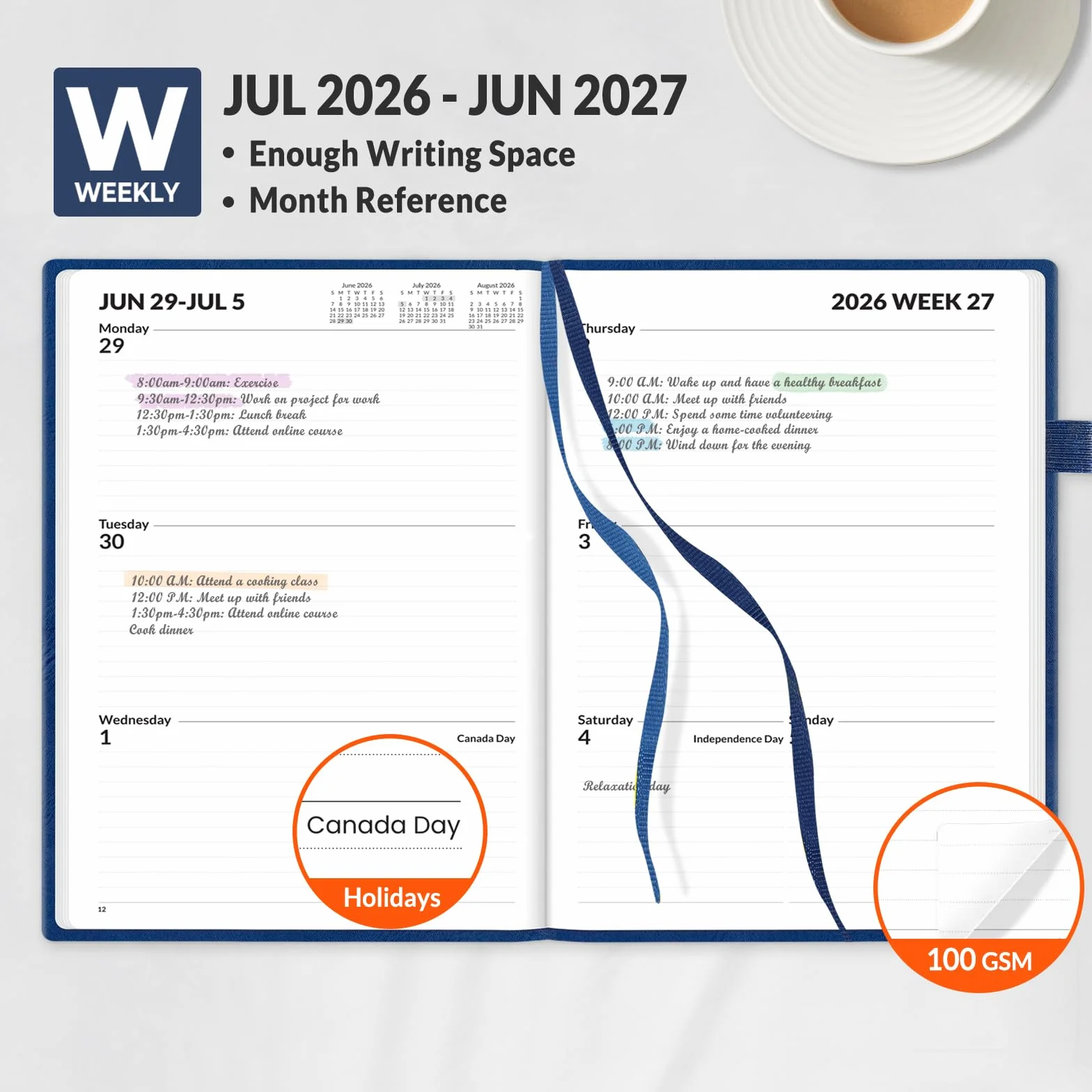 SUNEE Agenda semanal y mensual 2026-2027 de tapa dura de 5.5 x 8.3 pulgadas, 12 meses (julio de 2026 a junio de 2027), calendario de año académico pequeño, bolsillo, notas, papel de 100 g/m², azul