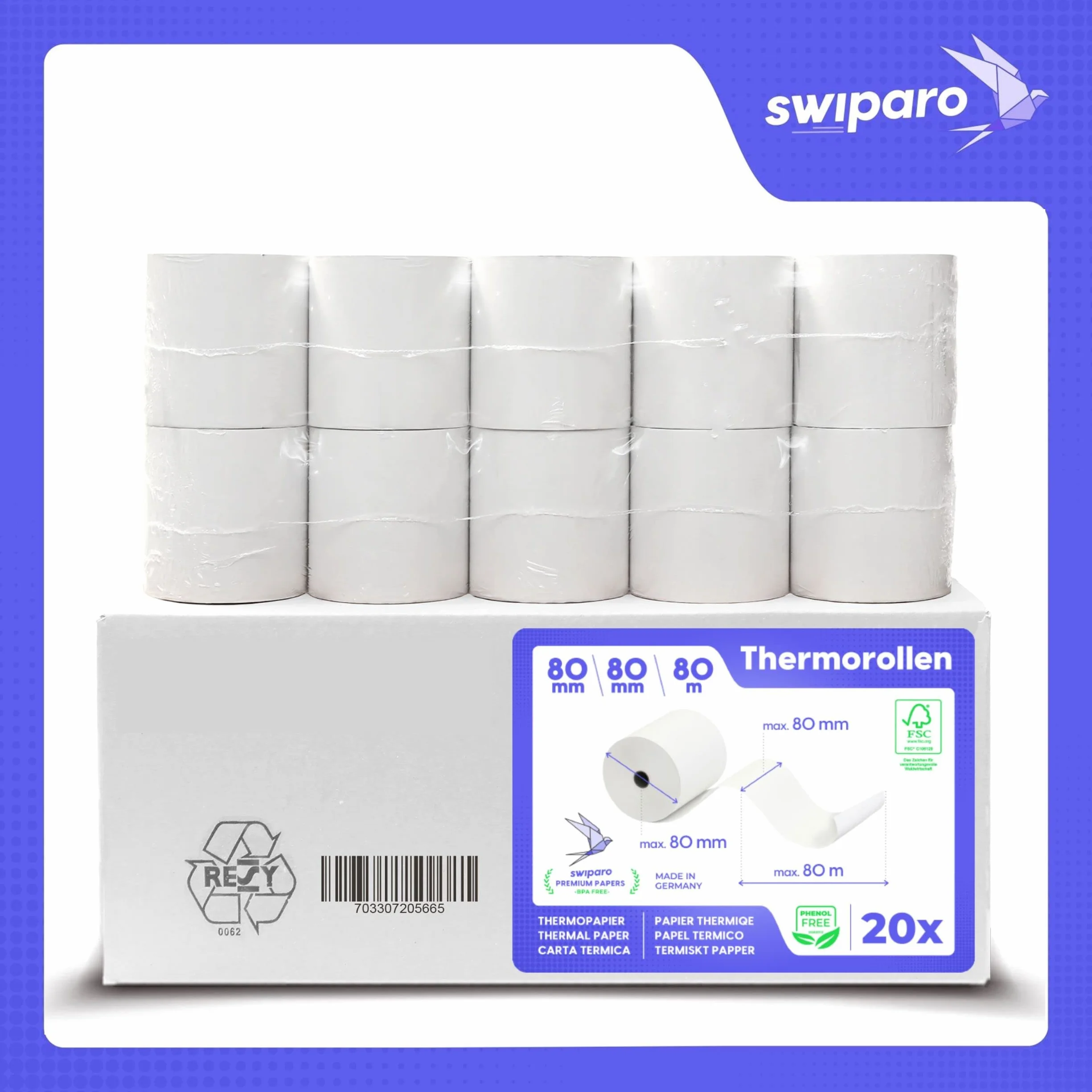 Rollos Papel Termico 80x80 para Impresora de Tickets - Para caja registradora con impresora de recibos - Papel impresora Termica 80x80x12 - Rollo Papel térmico 80mm x 80mm x 80m - [20x]