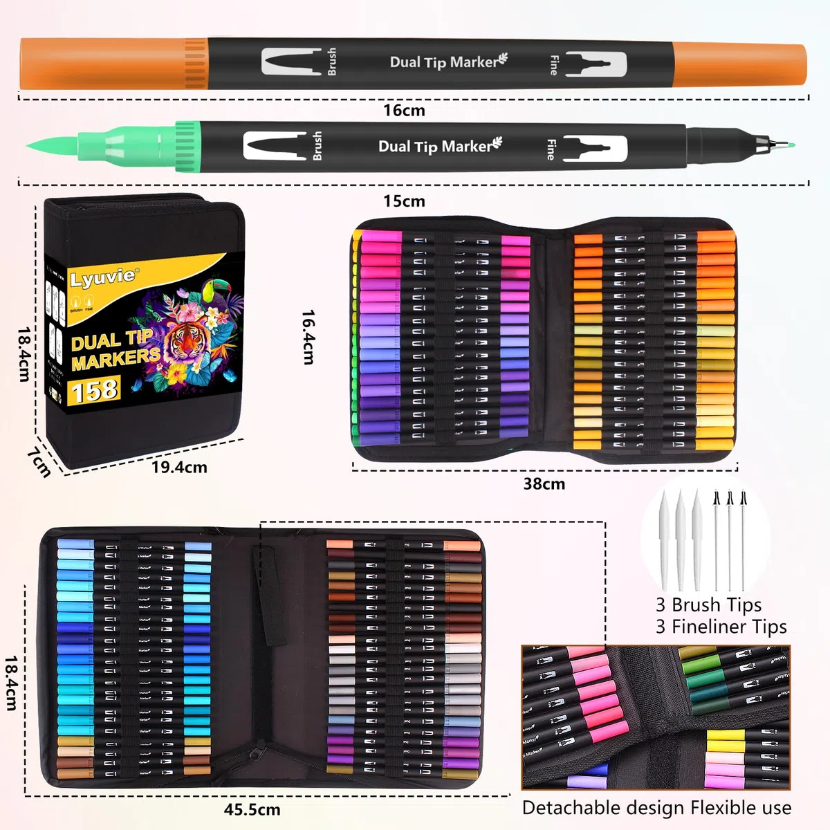 Lyuvie 158 Rotuladores Lettering Kit-Acuarelables Rotuladores Doble Punta Fina & Pincel con Estuche Negro,Lettering Kit para Mandalas Adultos Dibujar Letras Pascua Navidad