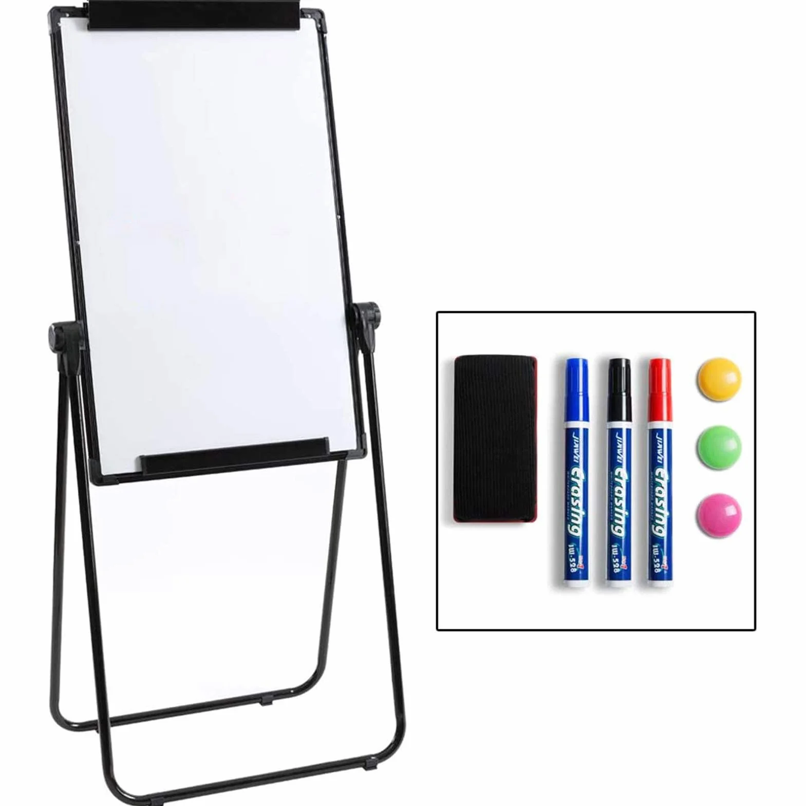 DOEWORKS Pizarra Blanca Caballete 90 x 60cm con U-Soporte, Pizarra Magnética de Doble Cara, Altura Ajustable & Plegable para Hogar Escuela Oficina, Negro