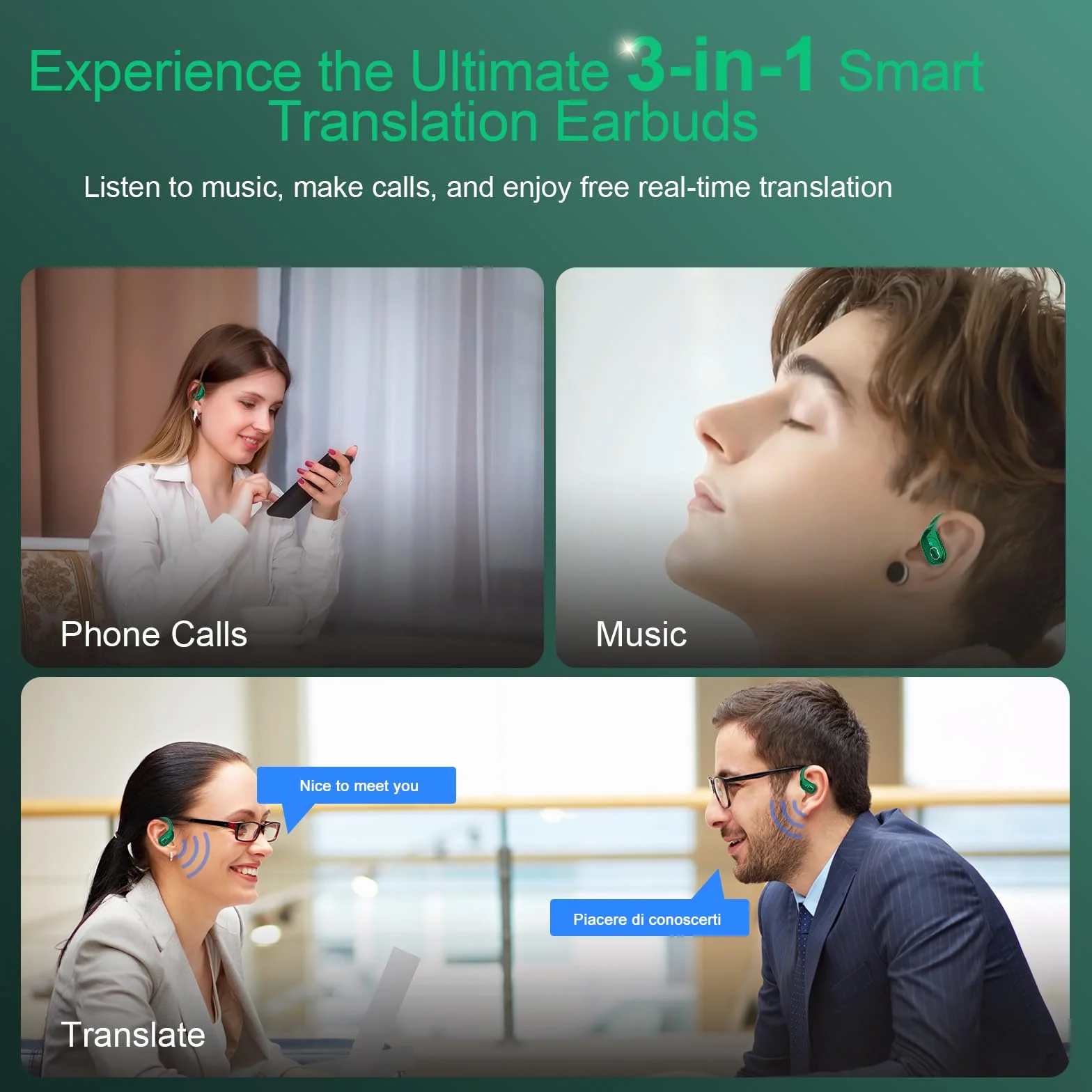 AI Auriculares Traductor en Tiempo Real(2026), 164 Idiomas y 6 Modos de Traducción, 3 in 1 AI Auriculares Traductor, Bluetooth 5.4 con ENC y App con para Viajes/Negocios/Aprendizaje/Reunirse Verde