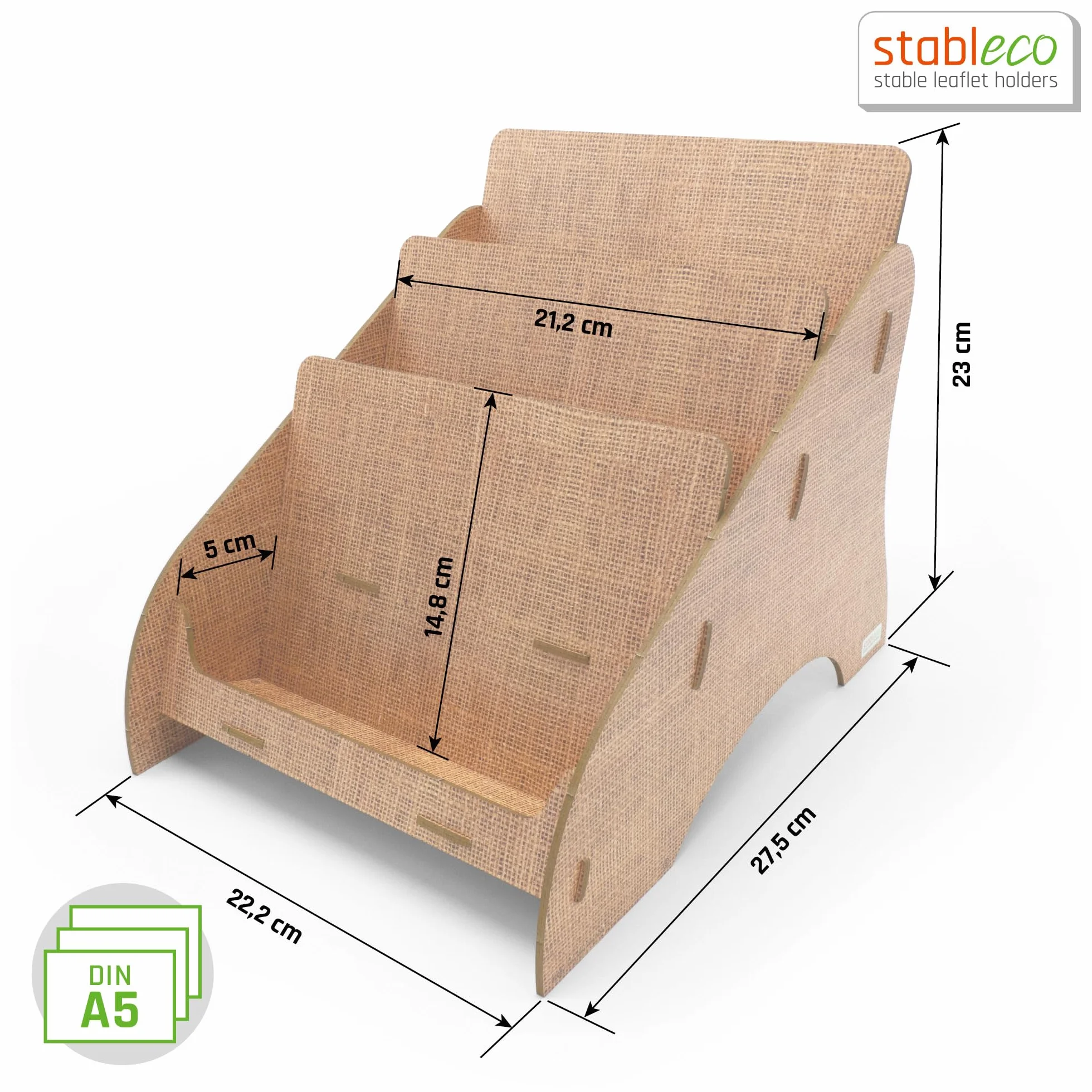 Soporte para folletos ecológico DIN A5 horizontal 3 compartimentos diseño natural