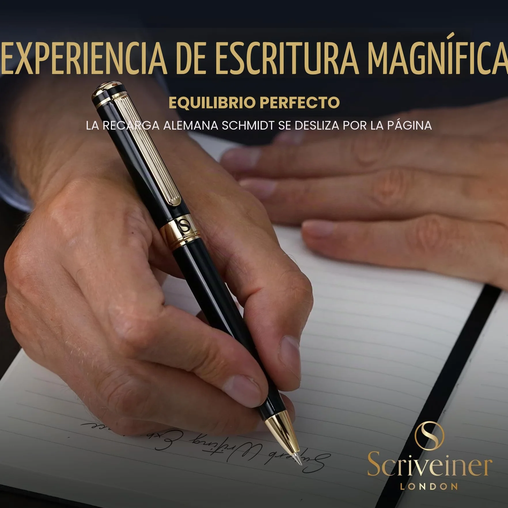 Scriveiner Bolígrafo Bolígrafo de Gama Alta Negro con Chapado en oro auténtico, Recambio Negro Schmidt, Regalos Hombre y Mujer, Bolígrafos Profesionales de Diseño