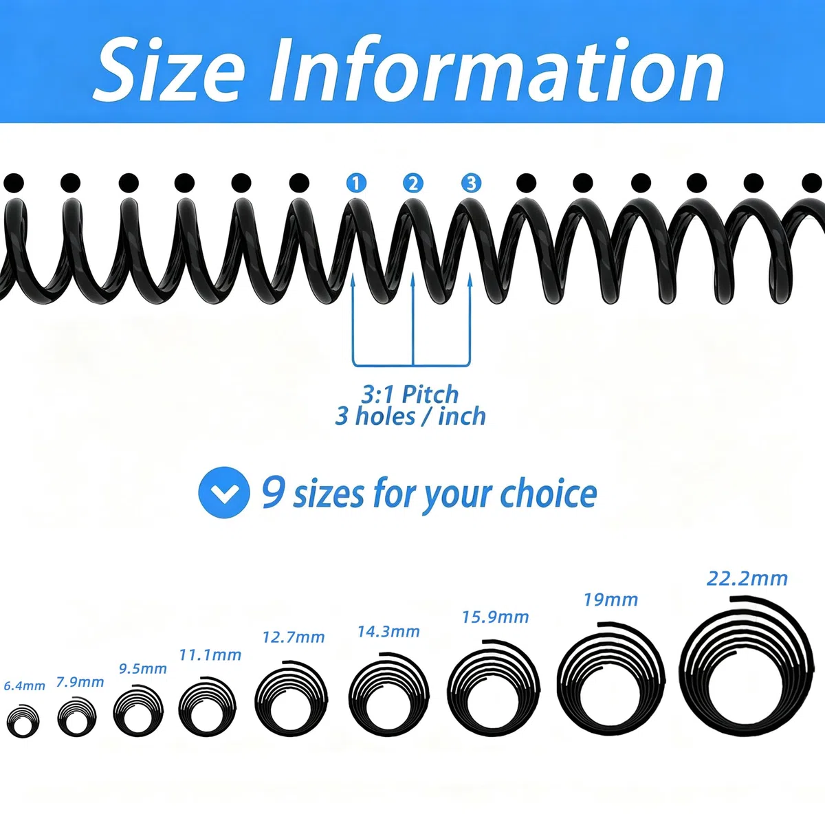 RAYSON Espirales Encuadernacion, 160 Hojas, 3:1, Paquete de 50 | Encuadernación espiral compatible 3:1 para oficina. Anillas plásticas flexibles para uso diario y organizar documentos