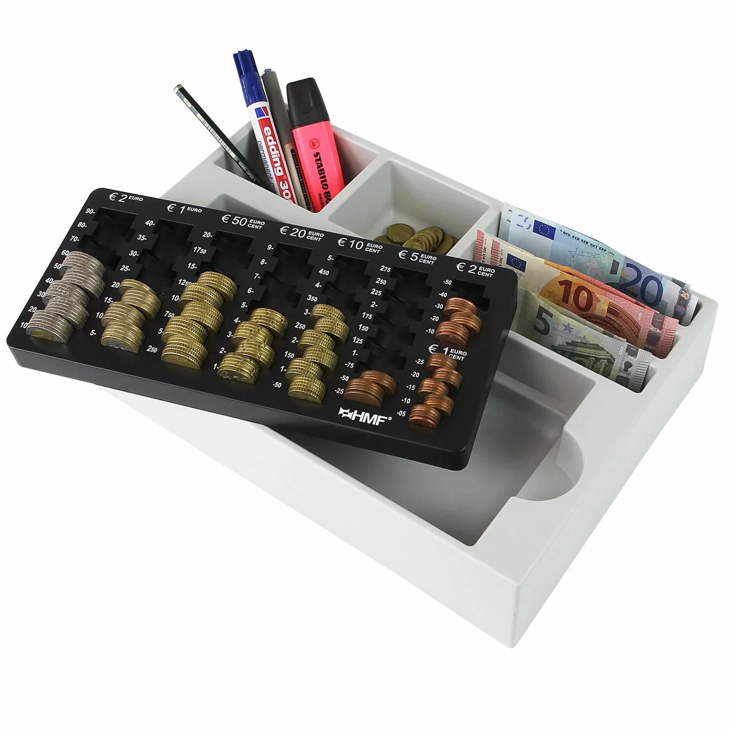 HMF 3210-02 Bandeja para monedas de euro, recuento, 3 compartimentos para billetes, 35 × 23,5 × 7 cm, negra