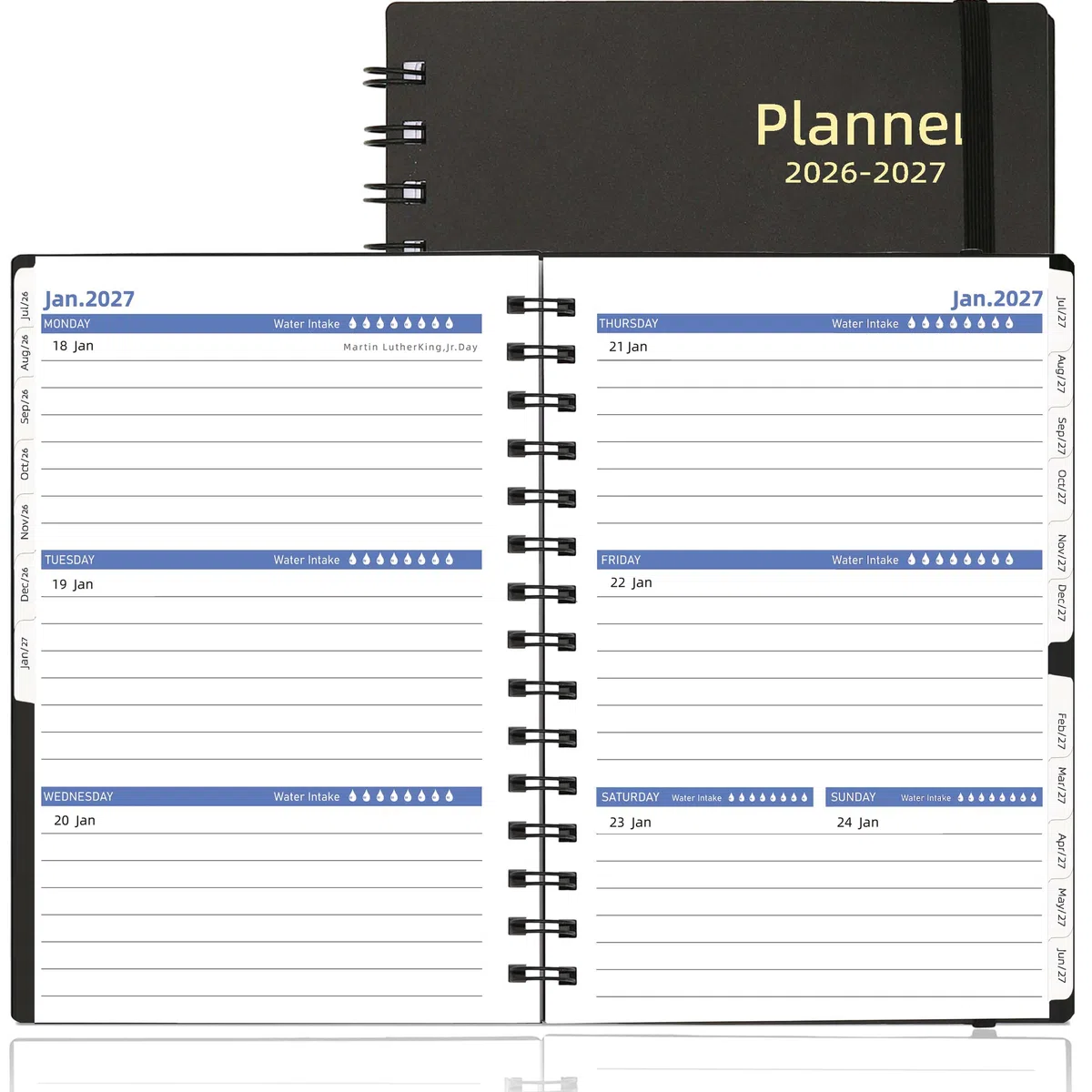 Agenda semanal y mensual 2026-2027, 2026, de julio de 2026 a diciembre de 2027, agenda de 18 meses con pestañas, tamaño A5, color negro