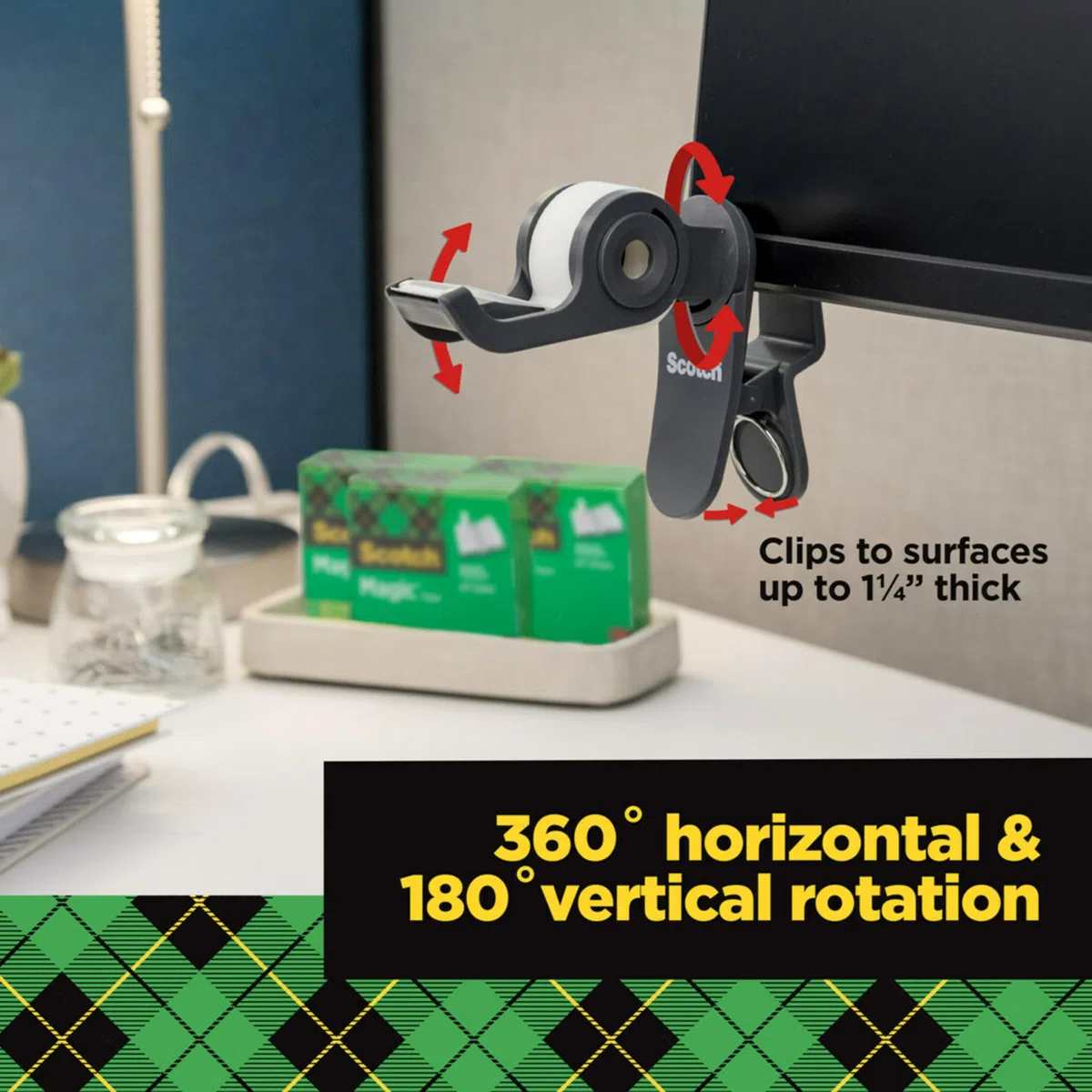 Scotch Dispensador de cinta Clip & Twist, clips a escritorios, mesas, gris carbón fácil, paquete de 3