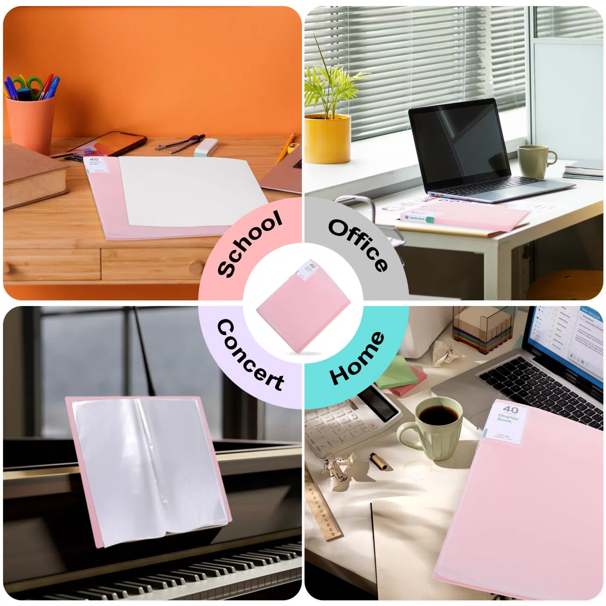 Phyxin Carpeta de plástico para presentaciones, 20 bolsillos, fundas transparentes, organizador de documentos para hojas de música, obras de arte, dibujo para escuela, oficina, negocios, color rosa