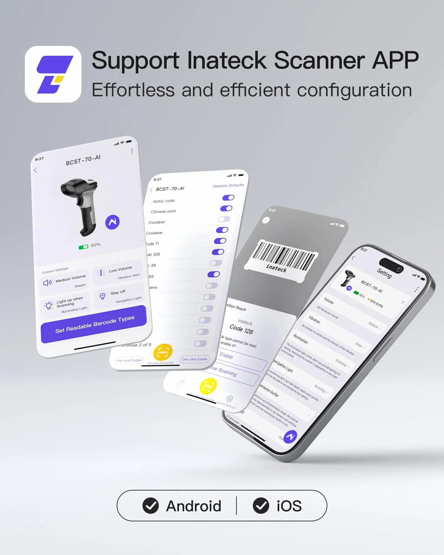 Inateck BCST-70 AI Escáner de Códigos de Barras Bluetooth 1D Inalámbrico Portátil con App y SDK, 180 días de Espera, Alcance 35 m