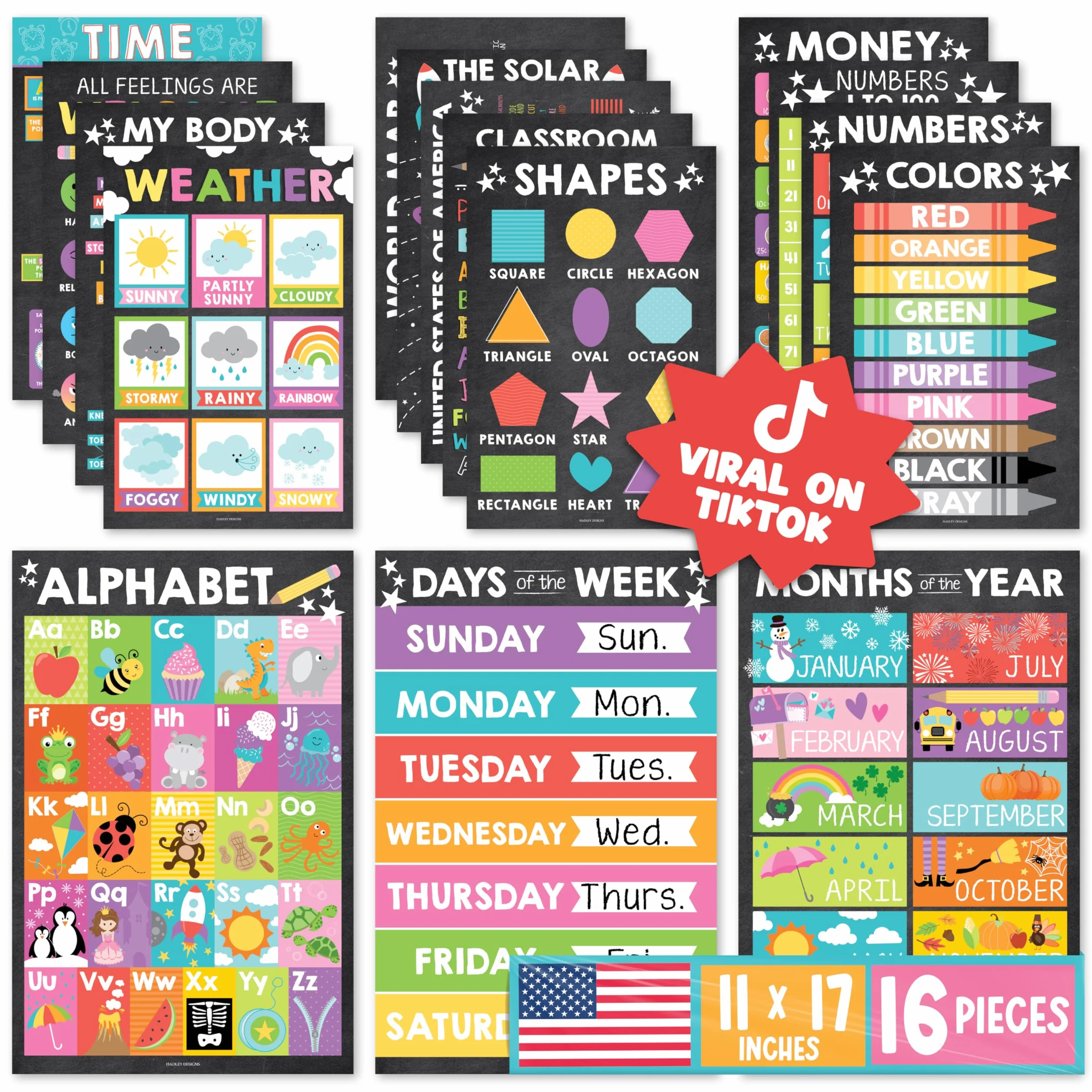16 coloridos carteles educativos para niños pequeños – Pre K – carteles de aprendizaje para niños pequeños 13, suministros de escuela en casa de jardín de infantes, póster del alfabeto para niños