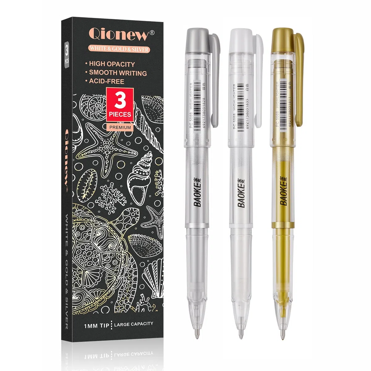 Qionew Juego de bolígrafos de gel de 3 colores: blanco, dorado y plateado, bolígrafos de punta extrafina de 0.1 mm, bolígrafos de tinta de gel opacos para dibujo de papel negro, bocetos, ilustración,