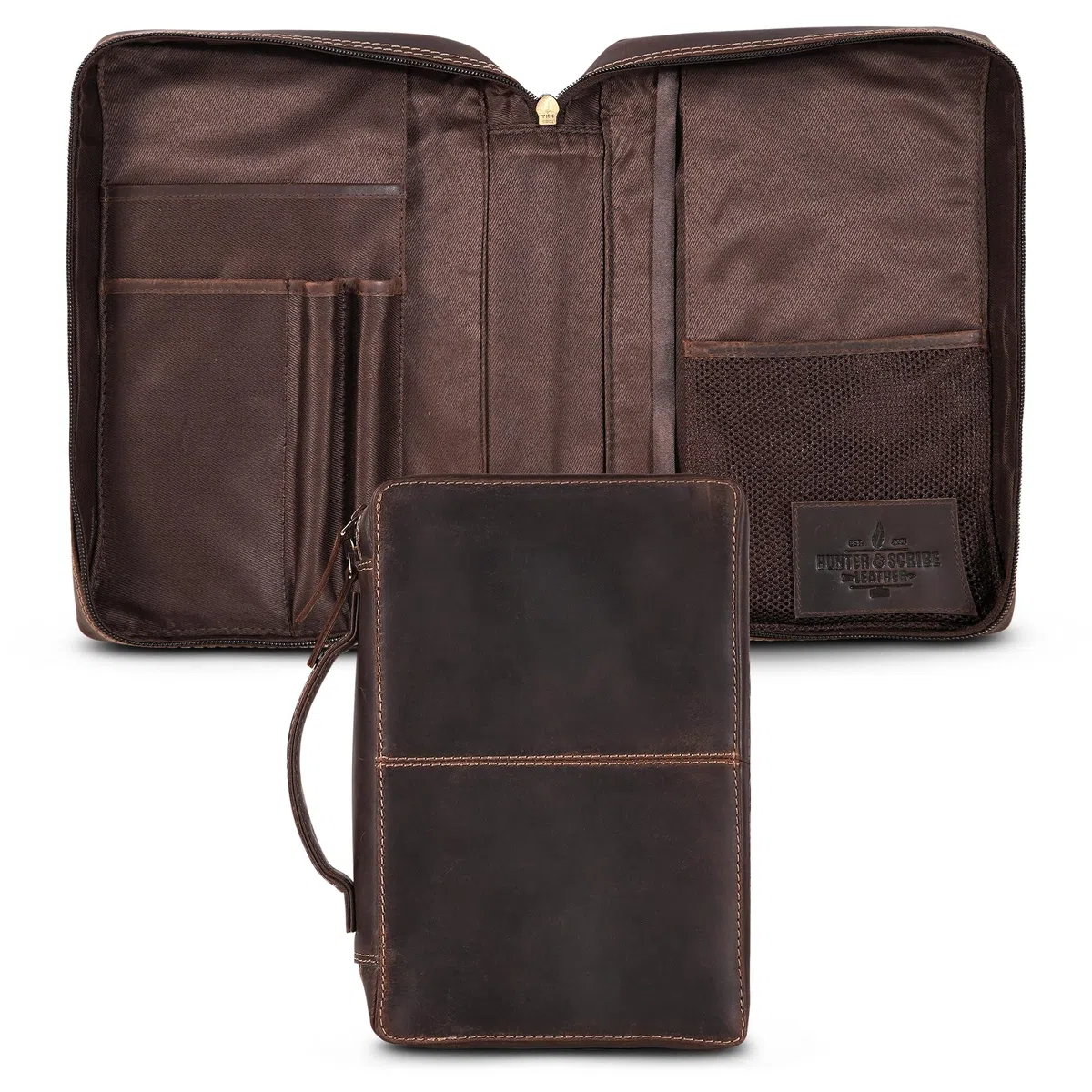 Hunter & Scribe Leather Fundas para la Biblia para hombres y mujeres - Cuero de búfalo de grano superior - Funda de piel auténtica para la Biblia con bolsillos, cremallera y marcapáginas - Funda para