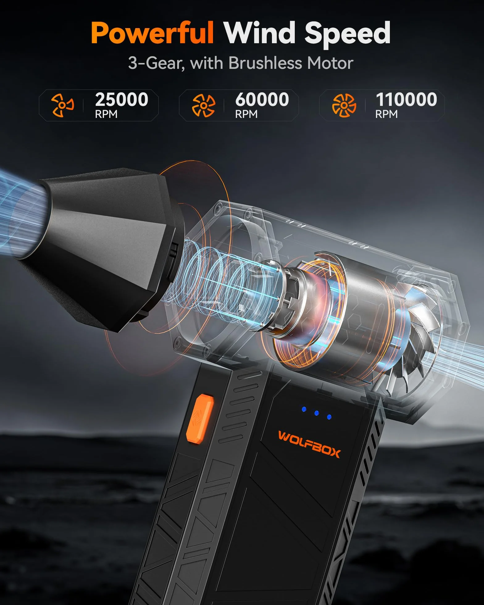 WOLFBOX Soplador de aire eléctrico inalámbrico 110000 rpm mini ajustable 3 engranajes carga rápida