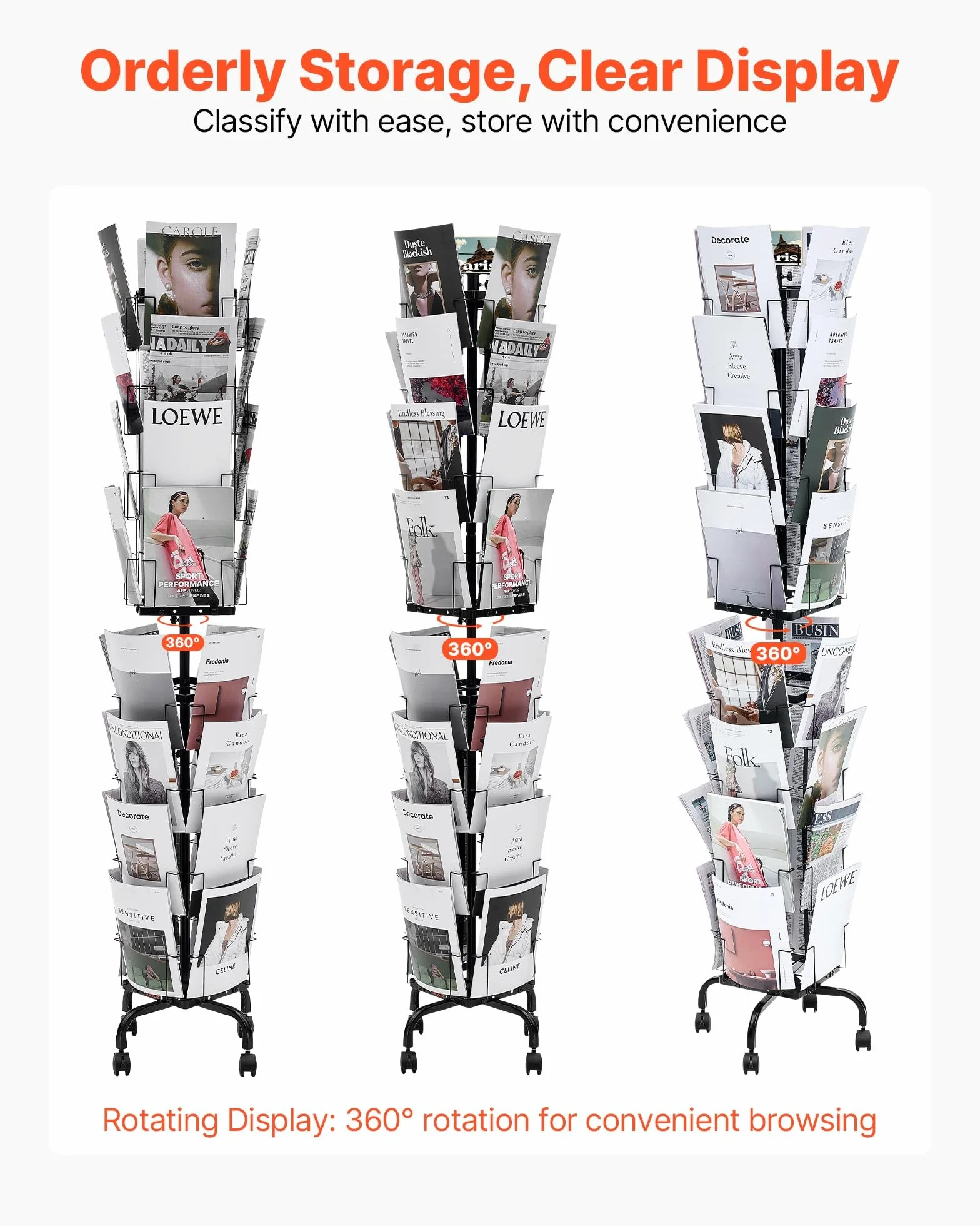 VEVOR Expositor de Revistas con 32 Compartimentos, Soporte Giratorio para Postales con 4 Ruedas, Revistero Metálico para Periódicos, Literatura, para Tiendas, Exposiciones, Oficinas, Bibliotecas