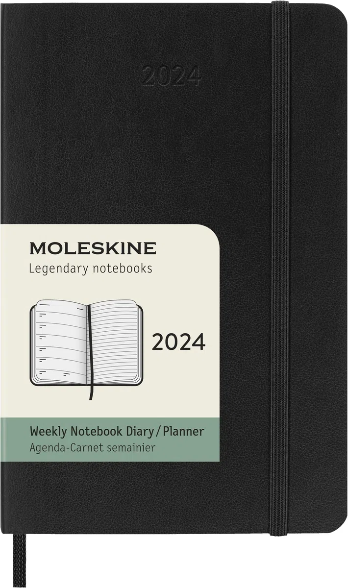 Moleskine Agenda Semanal con Espacio para Notas 12 Meses 2024, Agenda 2024, Formato Pocket 9x14, Tapa Suave y Cierre Elástico, Color Negro