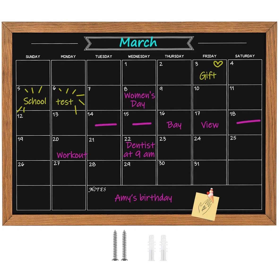 Pizarra de calendario, 23.6 x 31.5 pulgadas, superficie magnética, marco de madera de pino maciza, pizarra para planificación/horario escolar/notas, tablero colgante para oficina, escuela y