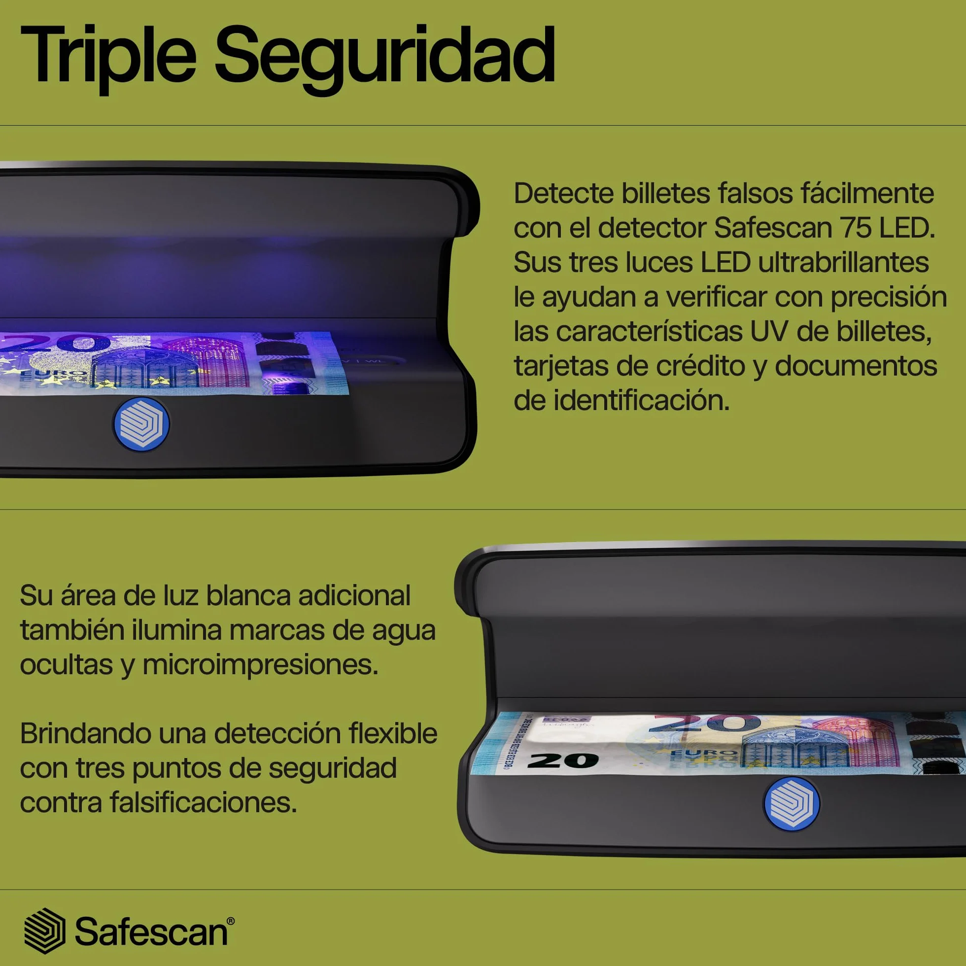 Safescan 75 LED Detector de billetes falsos UV blanco triple detección