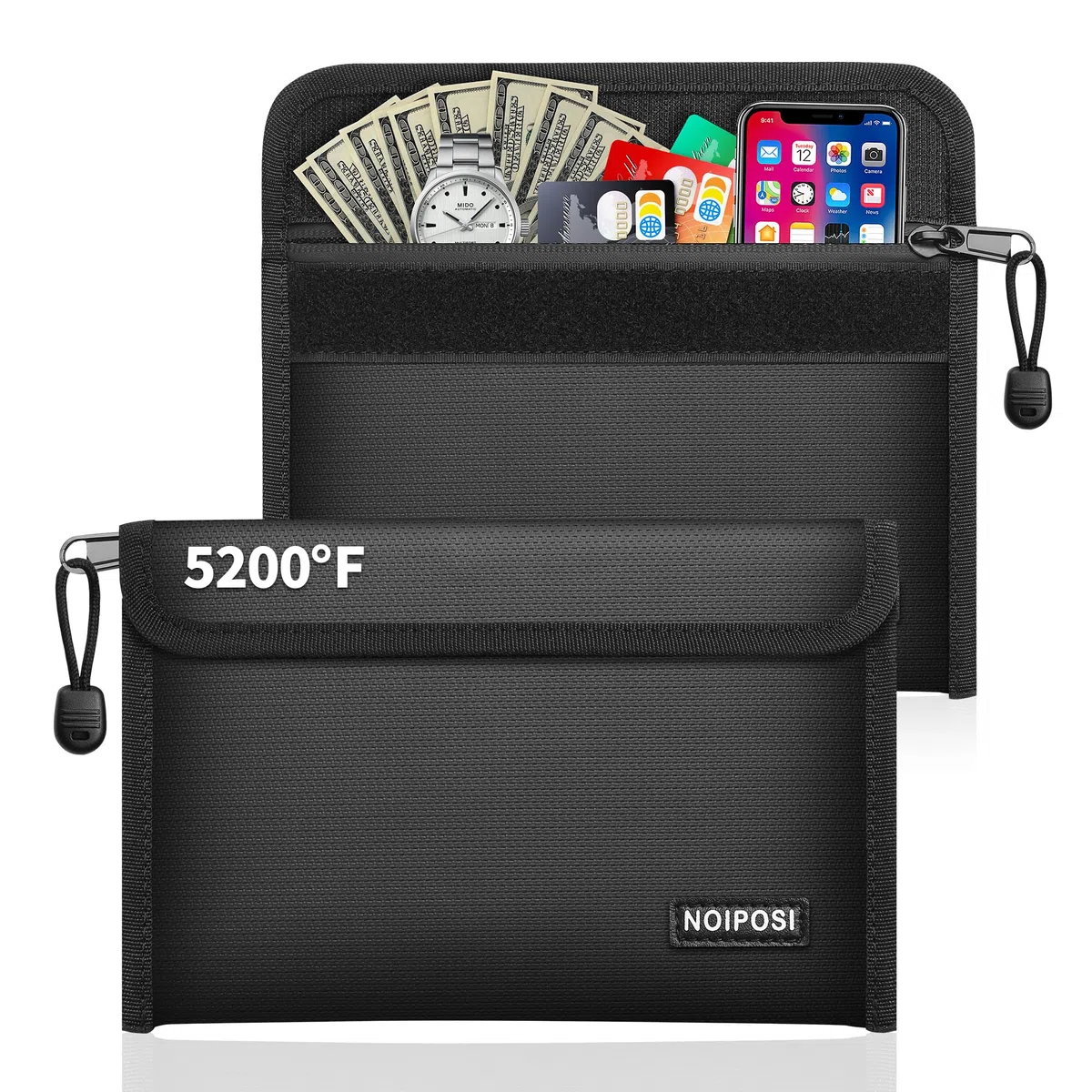 Noiposi Cartera Portadocumentos Ignífuga (juego de 2, 21,5 x 14 cm, 5200 ℉), 8 capas de aislamiento térmico, con ranura para tarjetas, bolsillo pequeño para dinero en efectivo, bolsillos de seguridad