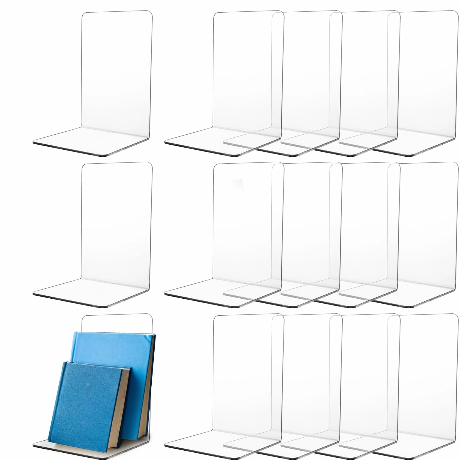 APACALI 16 sujetalibros acrílico, 12 x 11,8 x 18,2 cm, sujetalibros para estantes, soporte para libros transparentes, sujetalibros resistentes para sostener libros, para libros pesados, hogar, oficina
