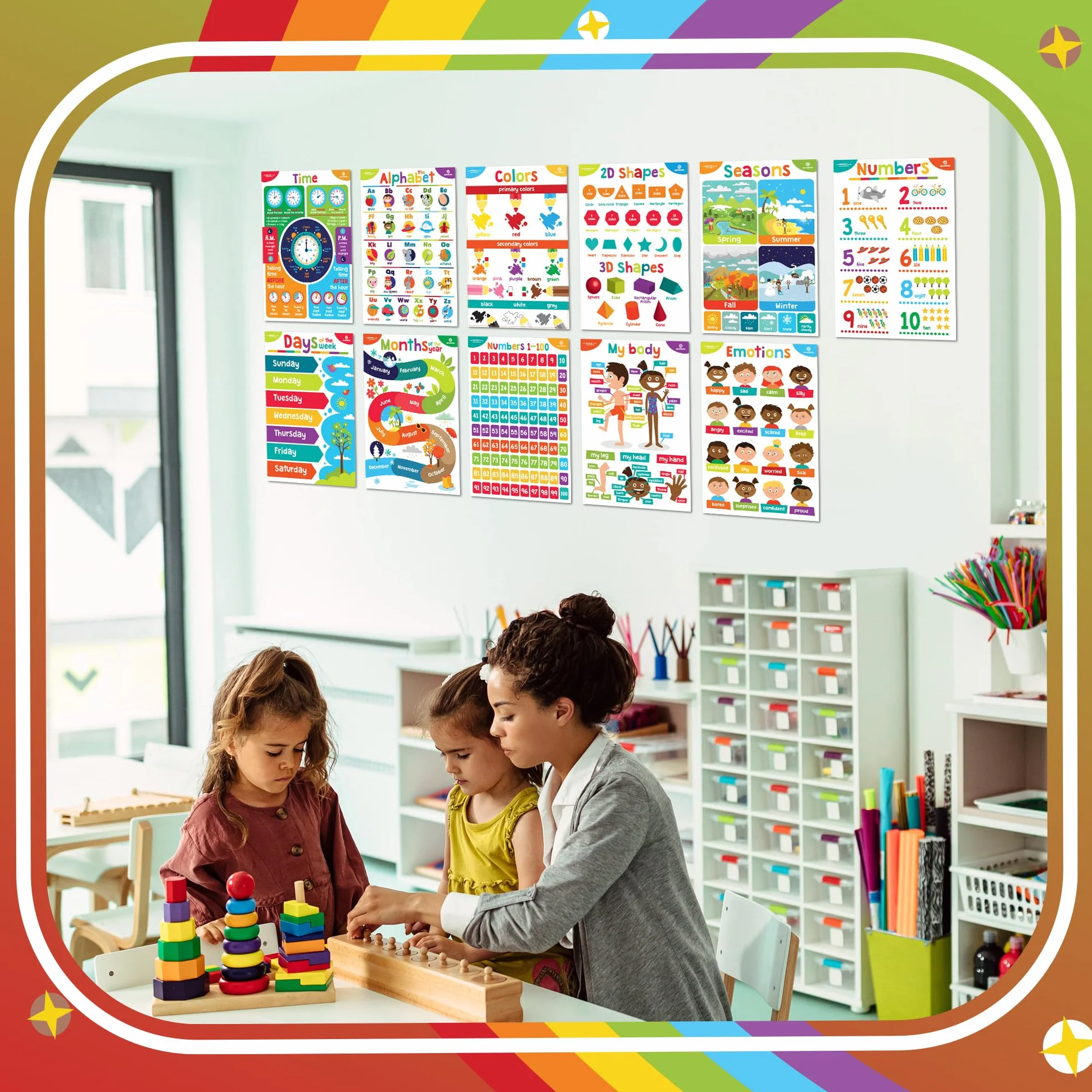 Sproutbrite Carteles educativos para niños pequeños, decoraciones de aula, materiales de suministros de escuela en casa de jardín de infantes, decoración de aprendizaje preescolar, póster ABC, 11