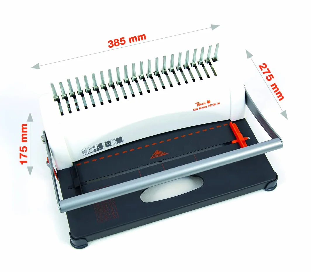 Peach Encuadernadora para plástico PB200-30 | Star Binder Pro - formato A4 | ganador de precio-rendimiento | encuaderna 350 hojas | canutillo máx. 38 mm. Capacidad de perforación 12 hojas. Incluye set inicial de 15 piezas