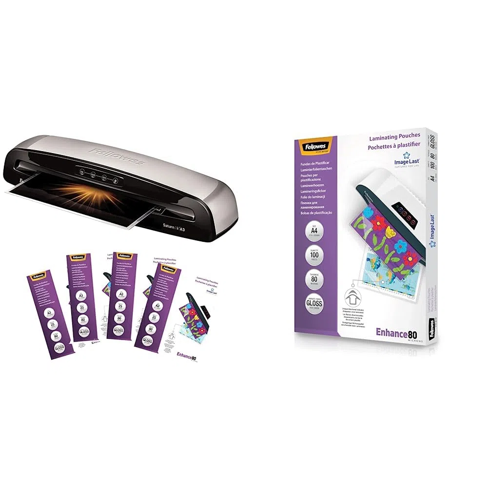 Fellowes Saturn 3i Set con plastificadora y 100 fundas de plastificar, A3 + 53061 Pack de 100 fundas para plastificar, brillo, formato A4, 80 micras