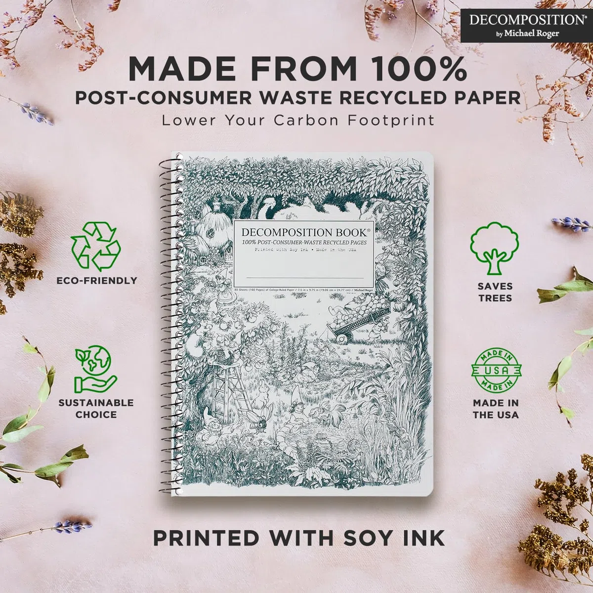 Decomposition Whimsical Garden Pack de 3 cuadernos de espiral con rayas universitarias – Diario de 24,8 x 19,1 cm, 160 páginas rayadas – Papel 100% reciclado – Cuadernos para material escolar, hogar y