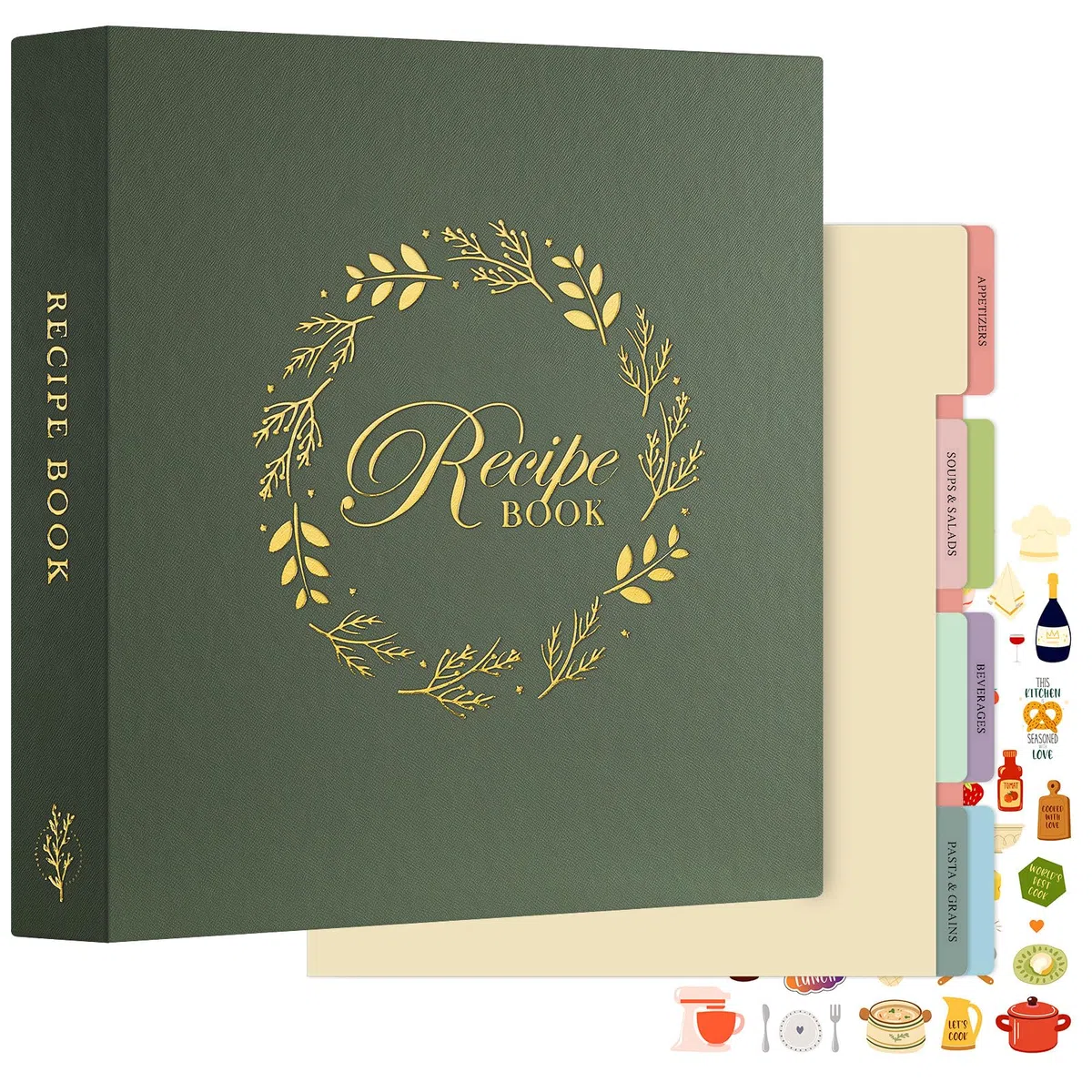 Lanpn Carpeta de Anillas para Recetas, Recetario de 3 Anillas con 8 Fundas, Recipe Journal Book Binder, Libro Recetas Cuaderno Recetas en Blanco, Recetario de Cocina para Escribir, Verde, Inglés