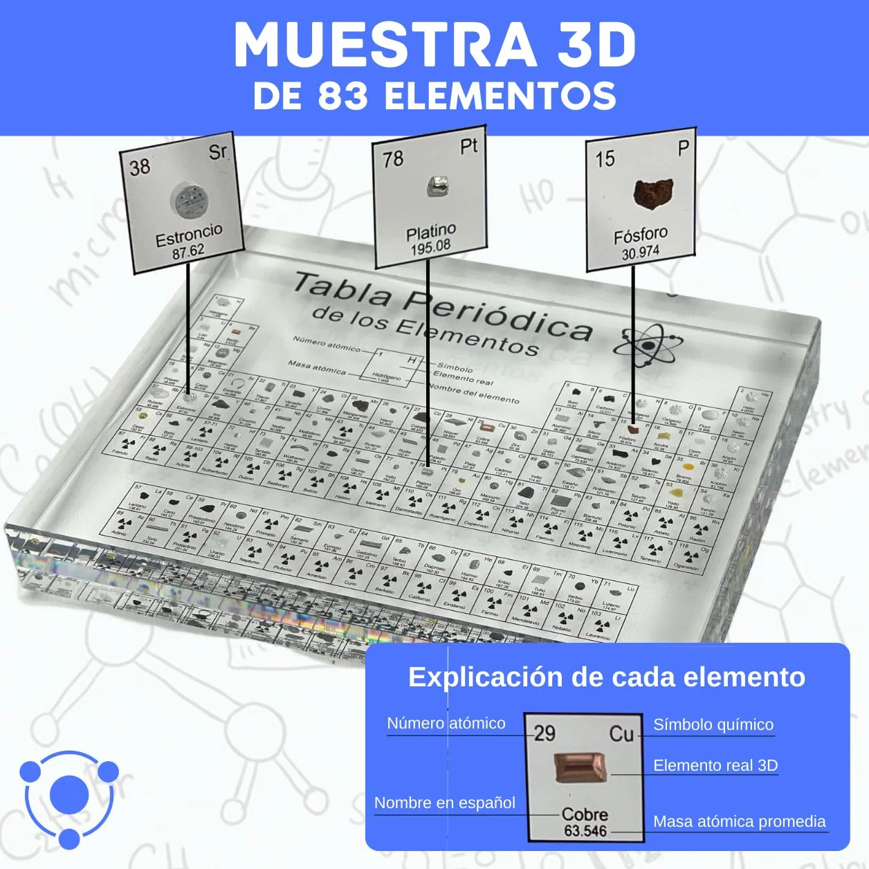 Tabla Periódica en Español Grande con Elementos Reales (21x16x4) - Póster Resina Transparente - Regalo Química