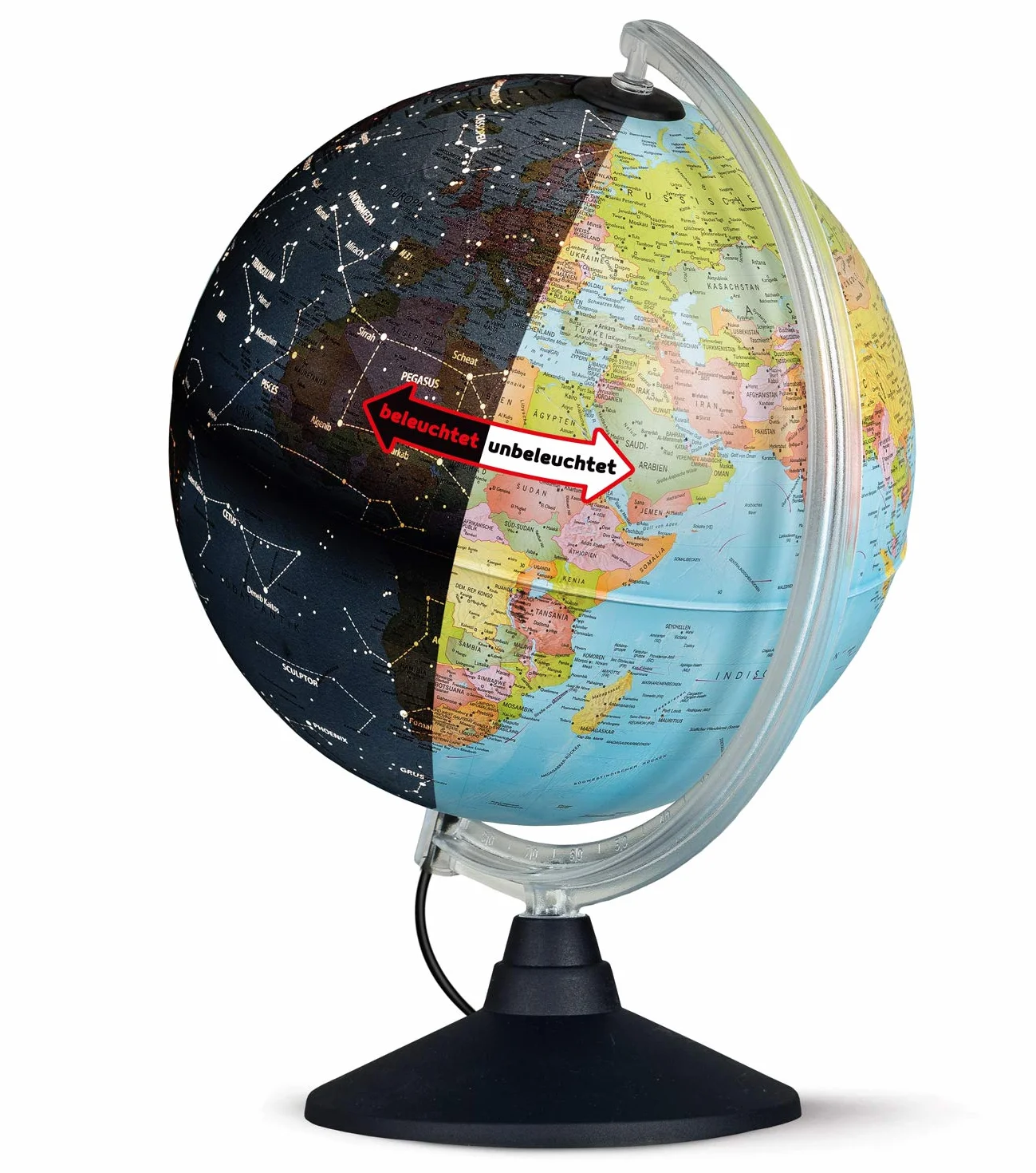 Idena 10411 - Globo terráqueo iluminado por LEDs con constelaciones, interruptor de encendido/apagado, aprox. 25 cm de diámetro, imagen del mapa político y astronómico