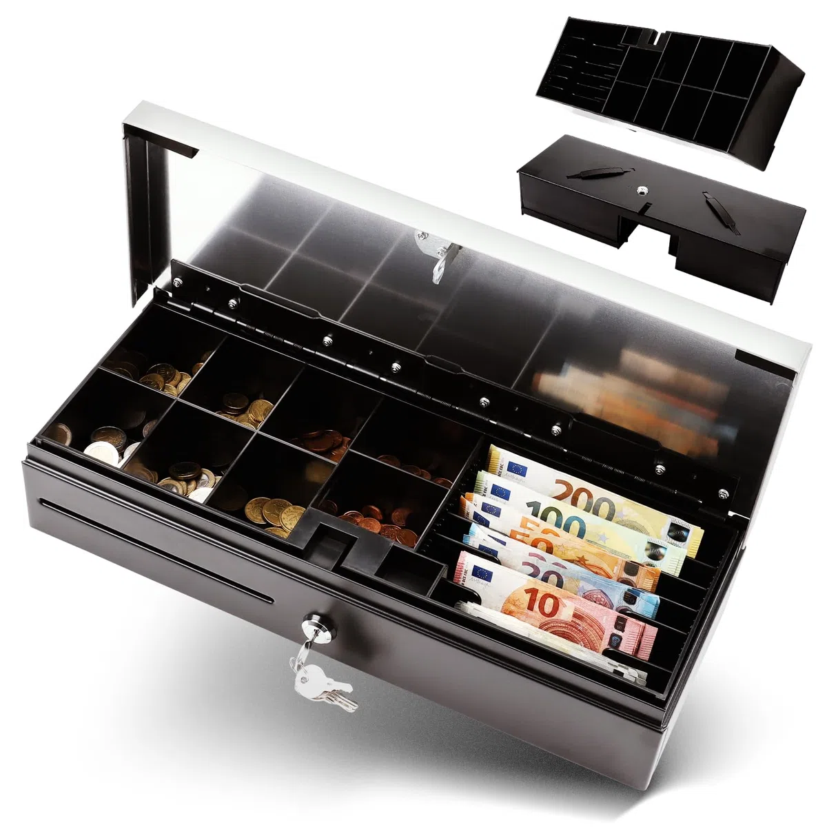 Olympia HS 170S Cajón para dinero con cerradura con ranura, compatible con RJ12, 8 compartimentos para monedas y 6 billetes, material de oficina, caja metálica para comercio y gastronomía, 46 x 17 x