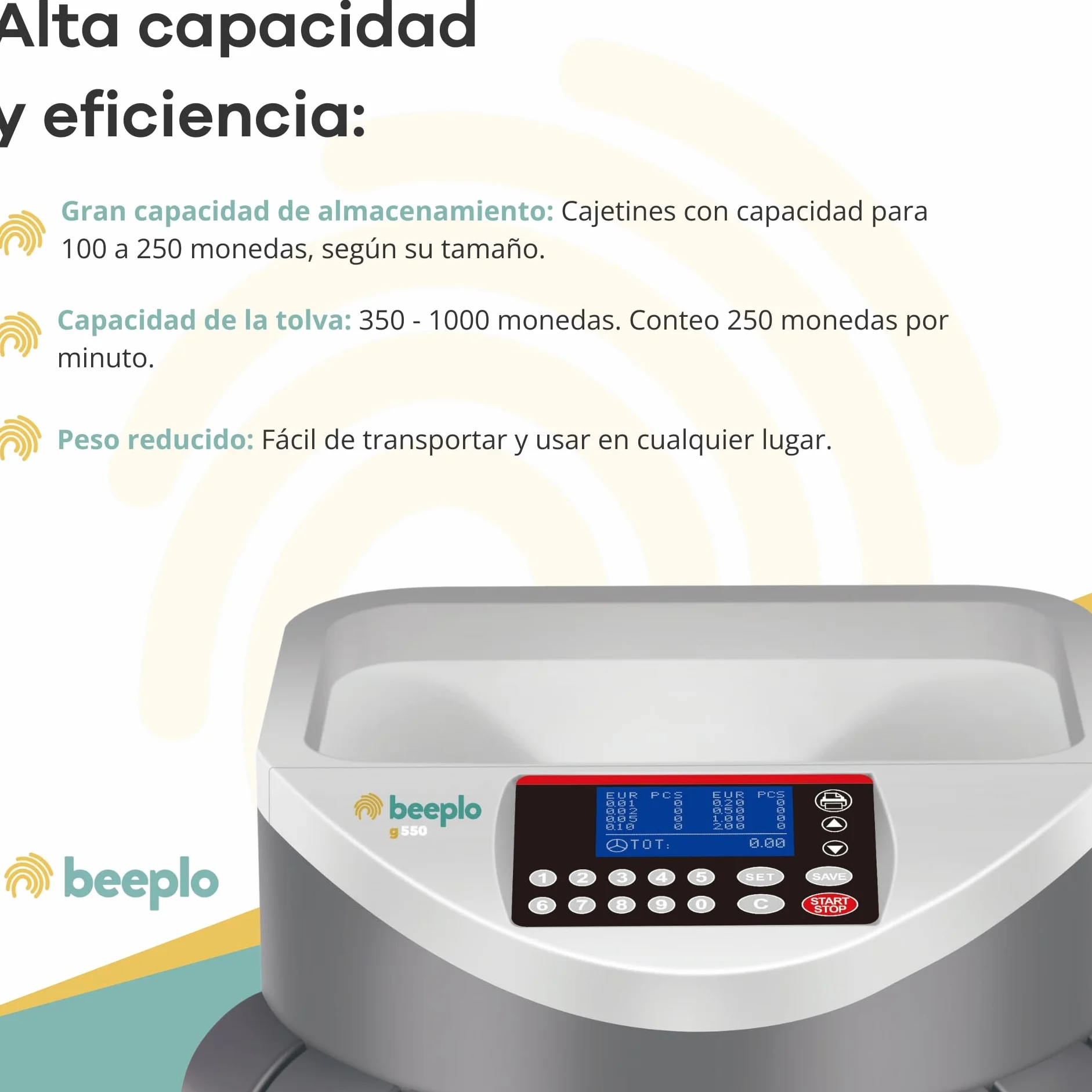 Contador y Clasificador de Monedas EUR G550 Hasta 800 Monedas Alta Velocidad 4 Años Garantía
