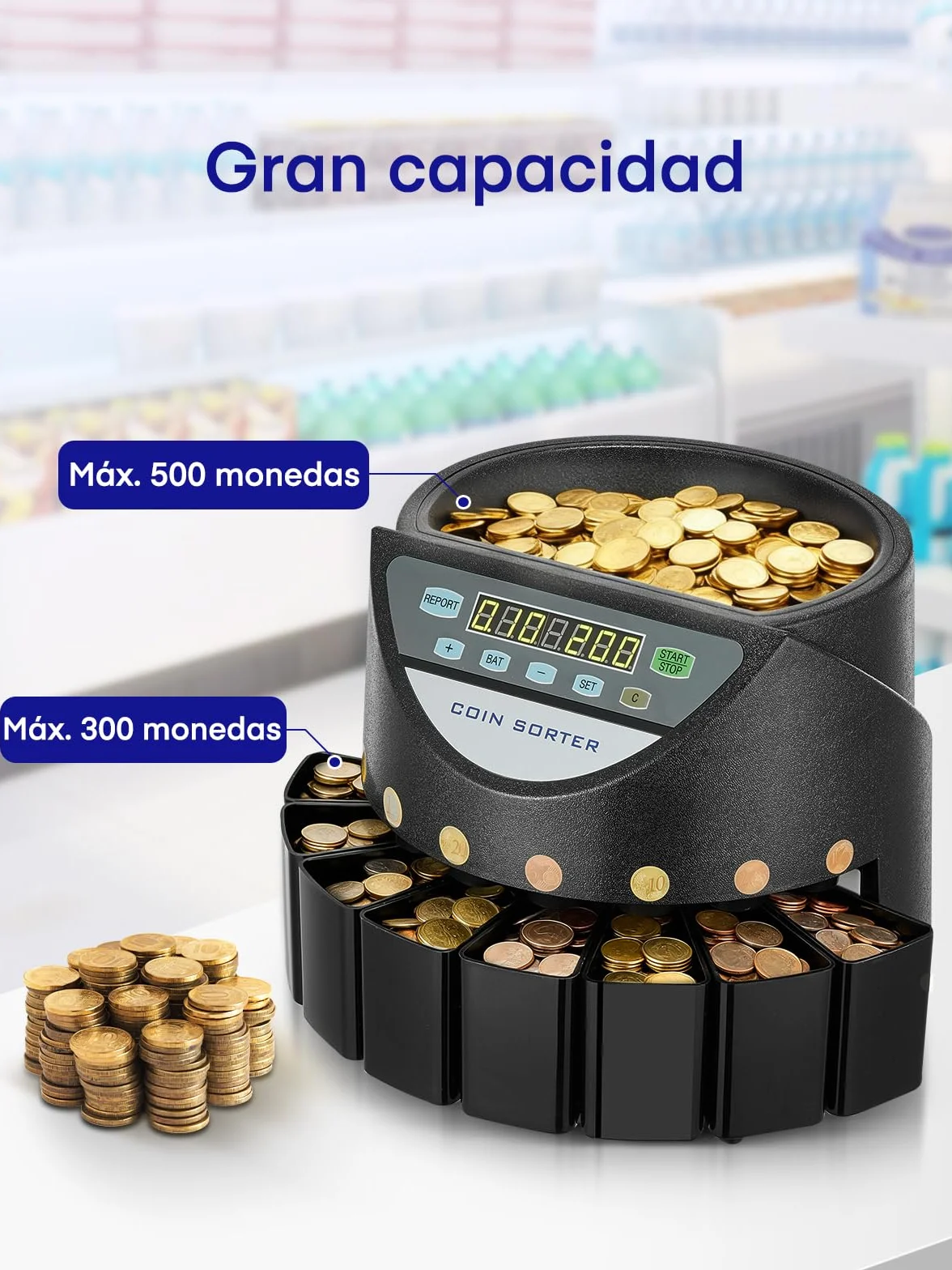 Contador de Monedas Euro, Clasificador de Monedas Capacidad para 800 monedas, Maquina Contar Monedas con 8 cajones de recolección, para colegios, tiendas y bancos