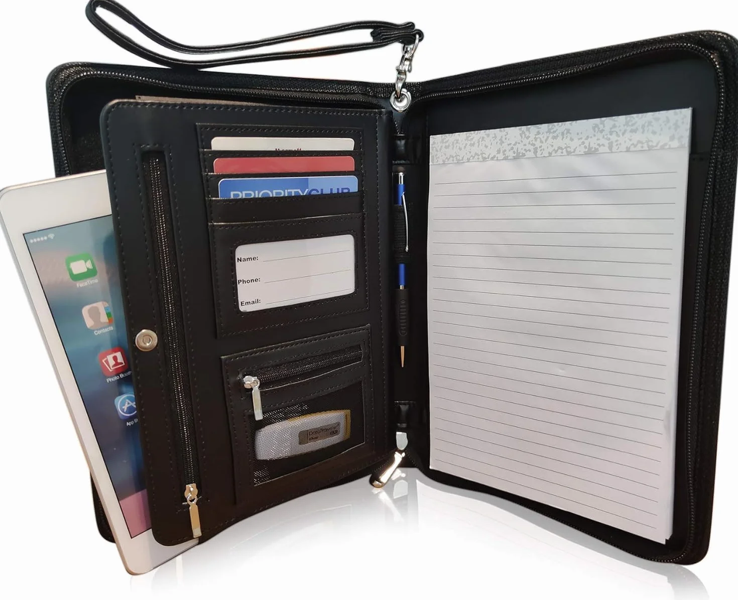 Portafolio de Negocios con Cremallera – Organizador de Cuero PU Premium, Pequeño Bloc de Notas & Funda para Tableta de 8 Pulgadas – Carpeta para Trabajo, Reuniones & Viajes – Negro