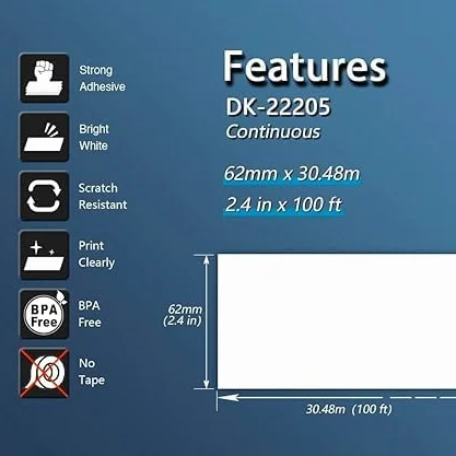 20x DK-22205 62mm x 30,48m Cintas de Etiquetas continuas compatibles para Brother P-Touch QL-1050 QL-1060N QL-1110NWB QL-1100 QL-500 QL-500BW QL-570 QL-580 QL-700 QL-710W QL-800 QL-810W QL-820NWB