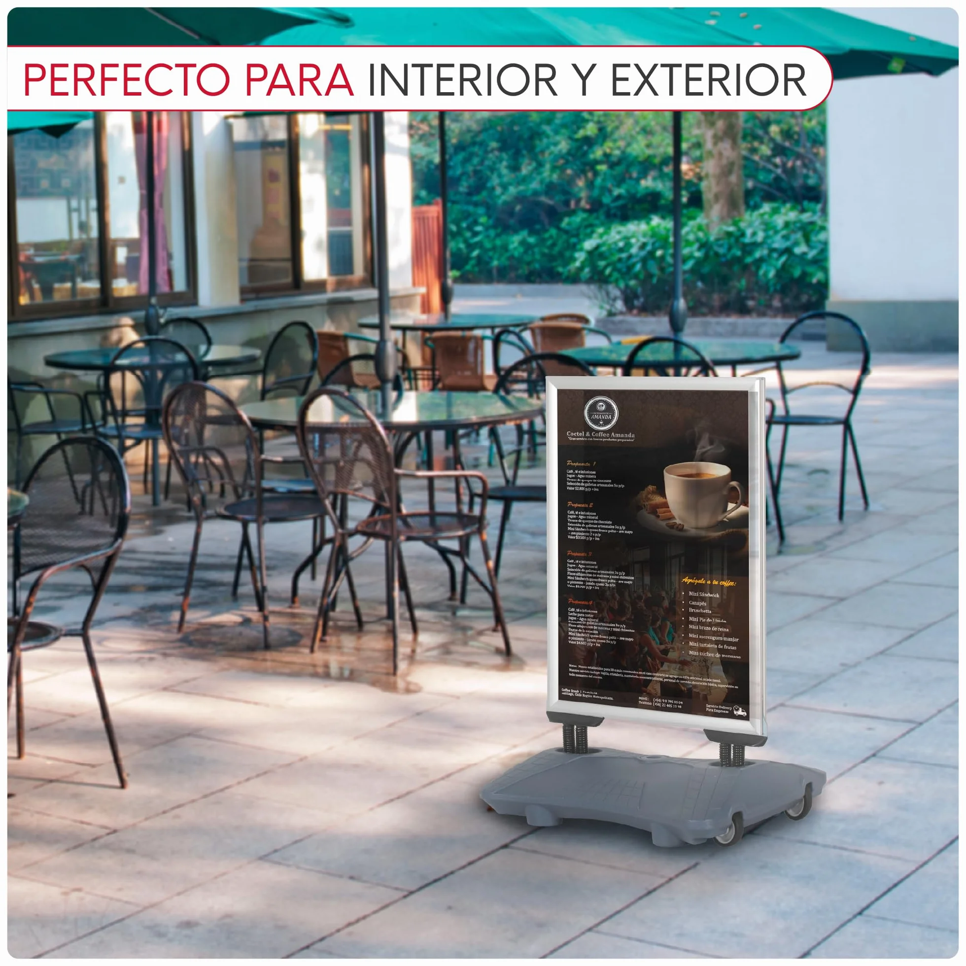Expositor Publicitario Exterior con Base Rellenable y Ruedas | Soporte para Carteles con Marco de Apertura Click | Ideal para Publicidad en Calles y Comercios | A0 | Gris