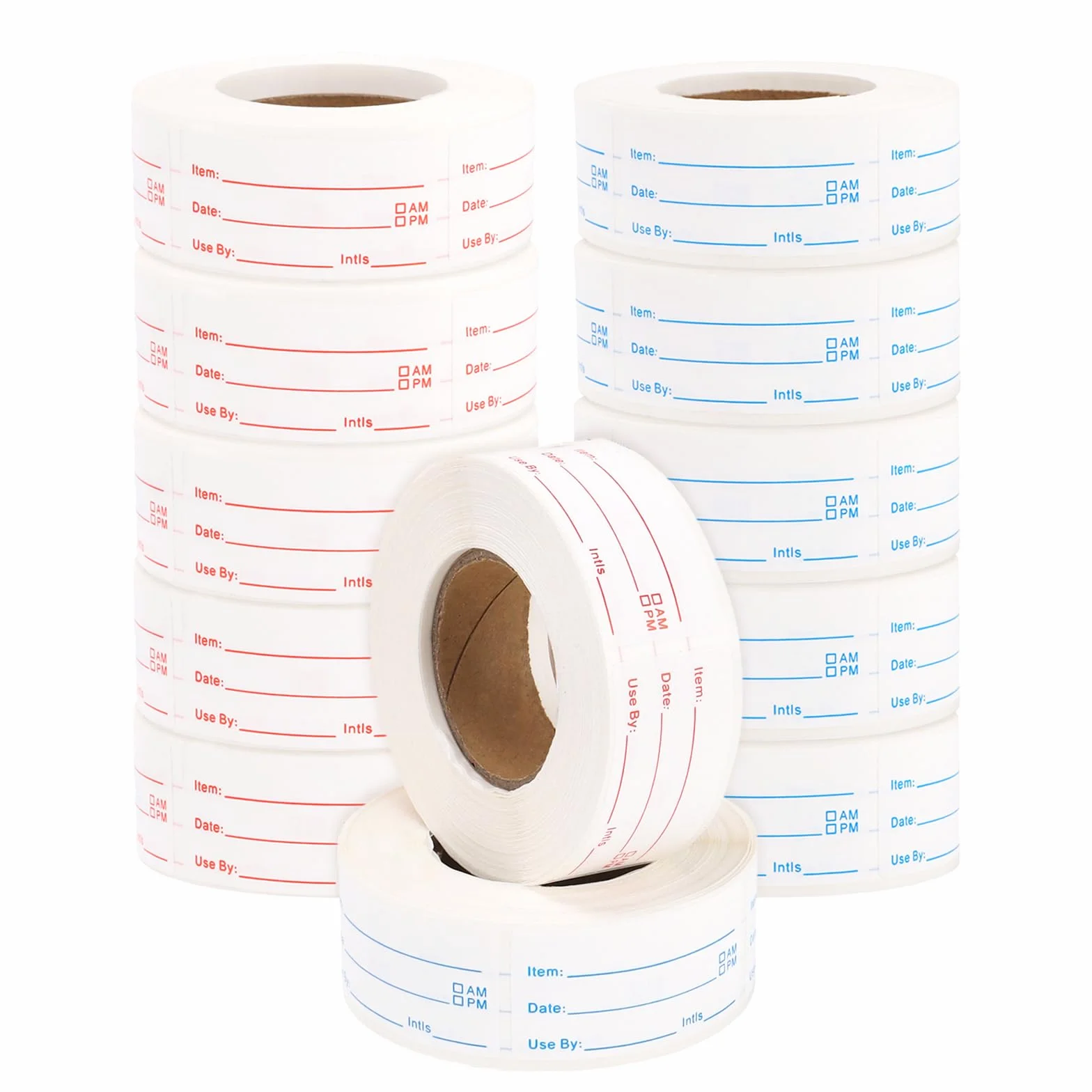 SINJEUN 12 rollos de 6000 etiquetas adhesivas para alimentos, etiquetas extraíbles de 1 x 2 pulgadas, etiqueta de congelador para recipientes de preparación de comidas, tarros rojos y azules