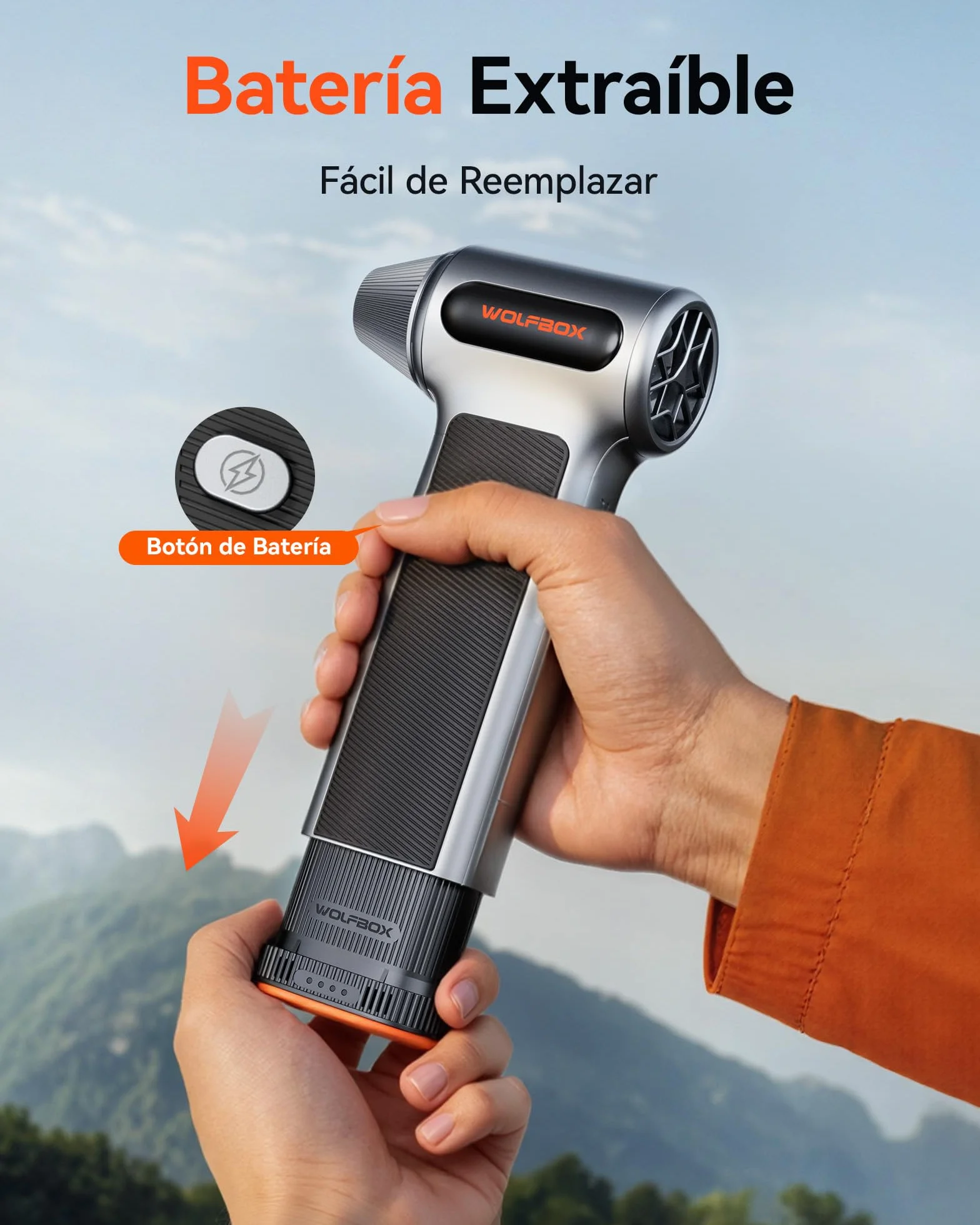 WOLFBOX MF200 Soplador de Aire Potente con Batería Extraíble, Aire Comprimido Limpieza PC, Mini Soplador Eléctrico Inalámbrico 87,5 m/s 3 Velocidades, 4 Boquillas para Teclado, Coche, Hogar