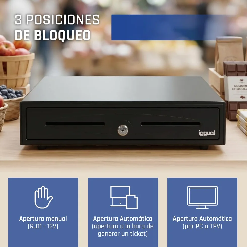 iggual - Cajón Portamonedas IRON-70 -Caja Efectivo Registradora Manual o Automática para 5 Billetes y 8 Moneda -Cerradura 3 Posiciones -Material Acero+Plástico -Uso profesional -Negro (44,5x42,5x 9)