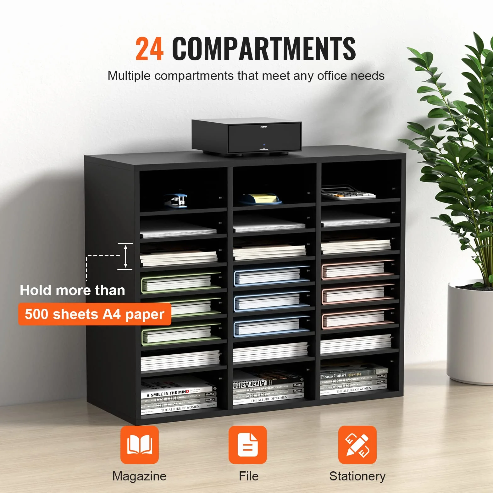 VEVOR Organizador de Literatura de madera Aglomerado Estante de Almacenamiento de Documentos de 24 Compartimentos 73,7x30,5x62 cm Clasificador de Literatura con Estantes Ajustables para Oficina, Negro