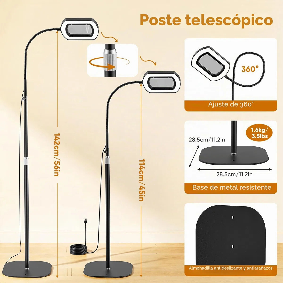 10X Lupa con Luz y Soporte, 3 en 1 Lámpara de Aumento de Piso con 60 LED de Brillo Ajustable, 5 Modos de Color, Lupa Iluminada para Trabajos de Cerca, Costura, Manualidades, Pasatiempos