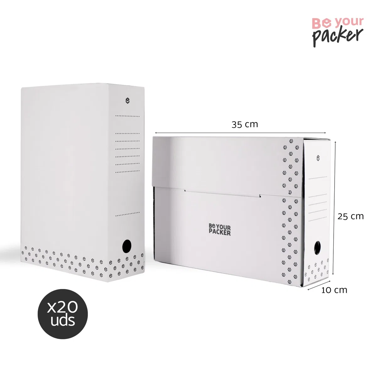 20 Cajas Archivo Definitivo A4 de Cartón Blanco Plegables y Automontables | Caja Archivadora Documentos Blanca | Organizador de Documentos A4 en vertical y horizontal | 35x25x10 cm