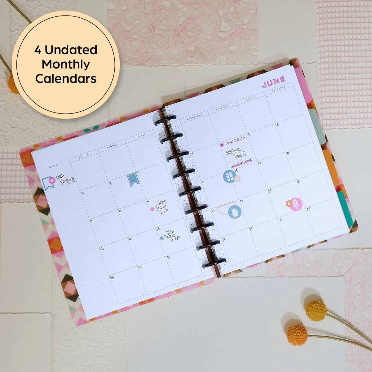Happy Planner - Planificador mensual sin fecha + notas, planificador mensual, planificador de 12 meses, tema casero, tamaño clásico, 95 páginas, 4 divisores, 12 hojas de calcomanías para planificador,