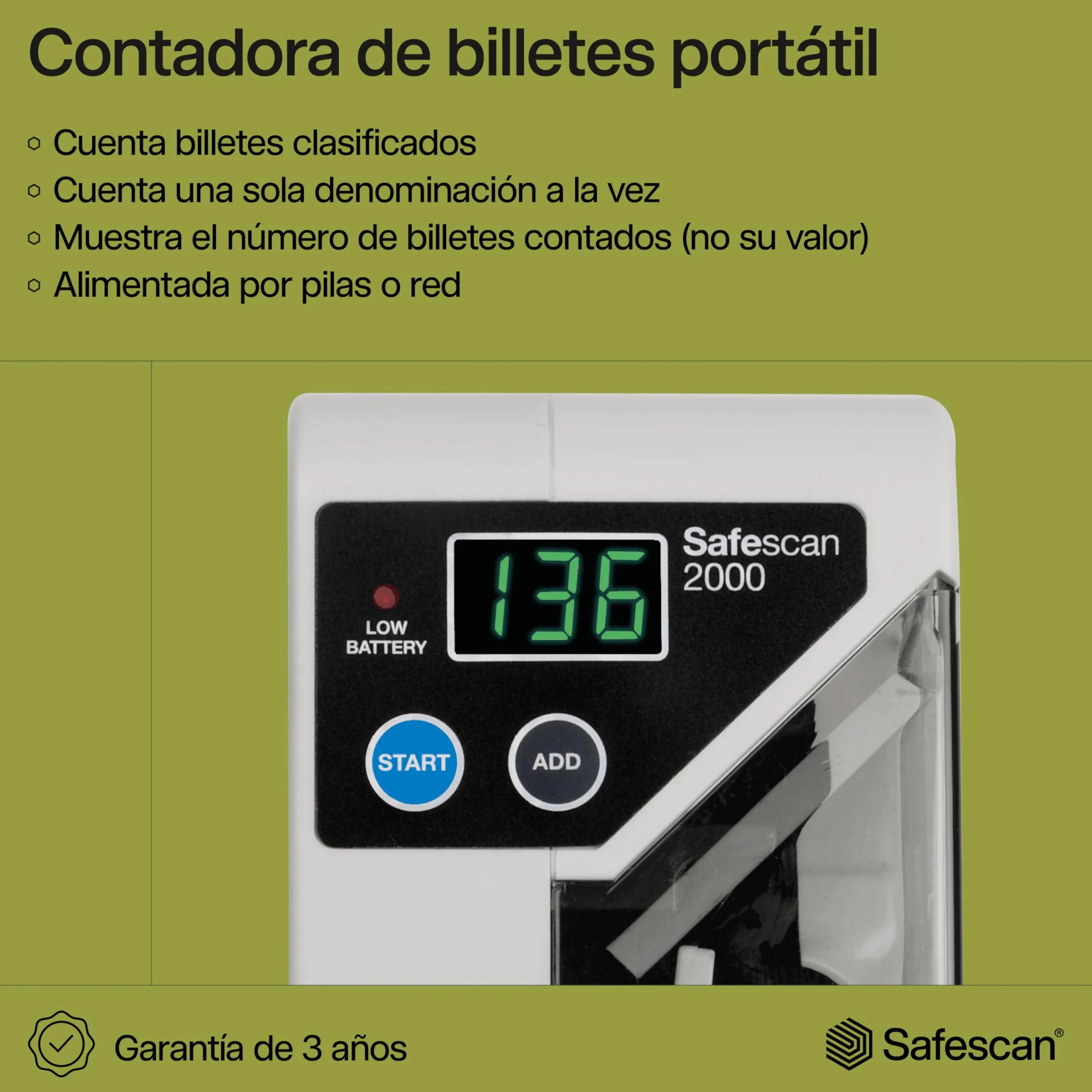Safescan 2000 Contadora de billetes portátil para contar billetes clasificados - Para contar en cualquier lugar - Máquina para contar billetes clasificados de todas las divisas