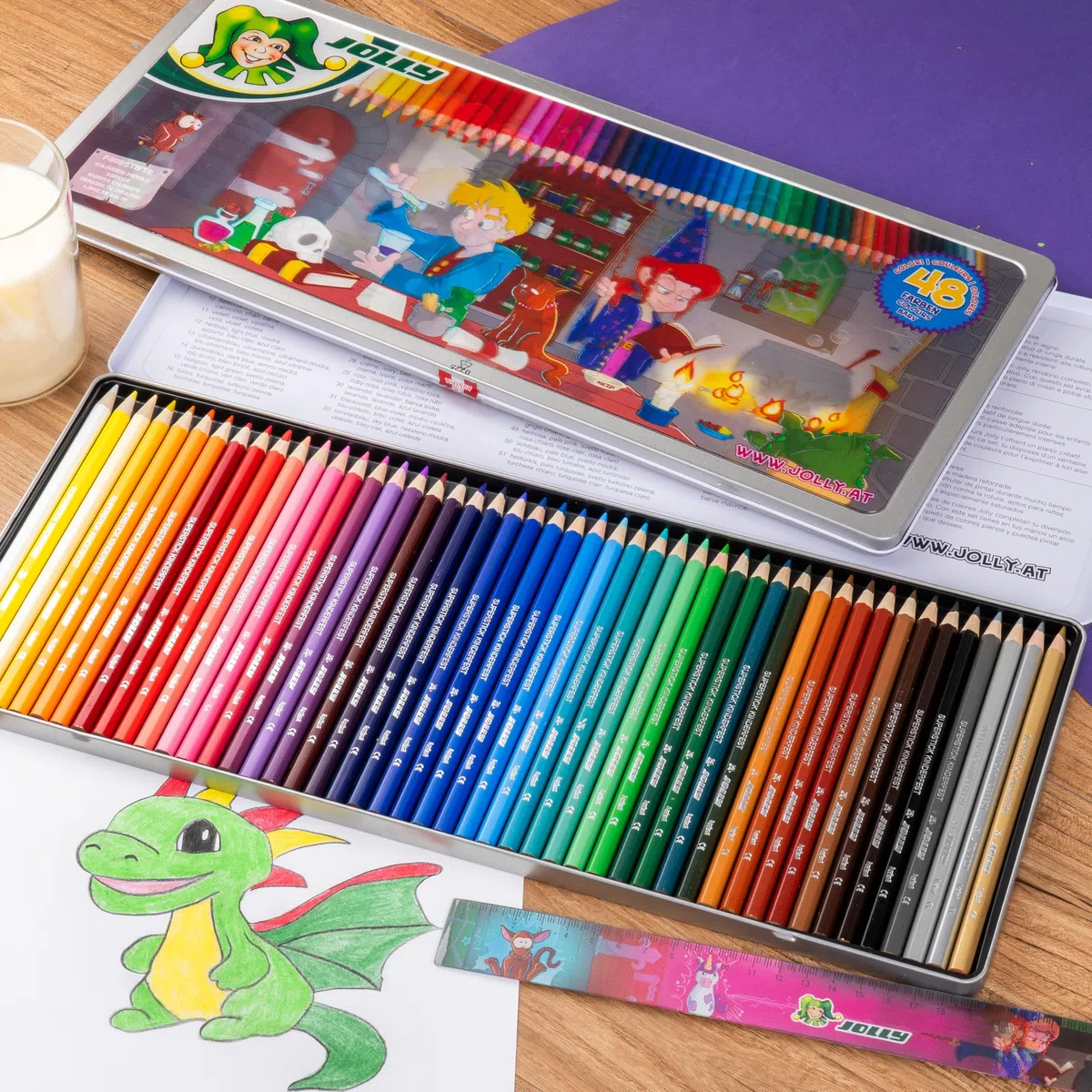 JOLLY, 48 unidades XXL Boxx Magic, estuche de metal con imagen oscilante, 48 lápices de colores de madera de tilo, irrompibles y no tóxicos, colores ricos y brillantes, incluye regla, fabricado en