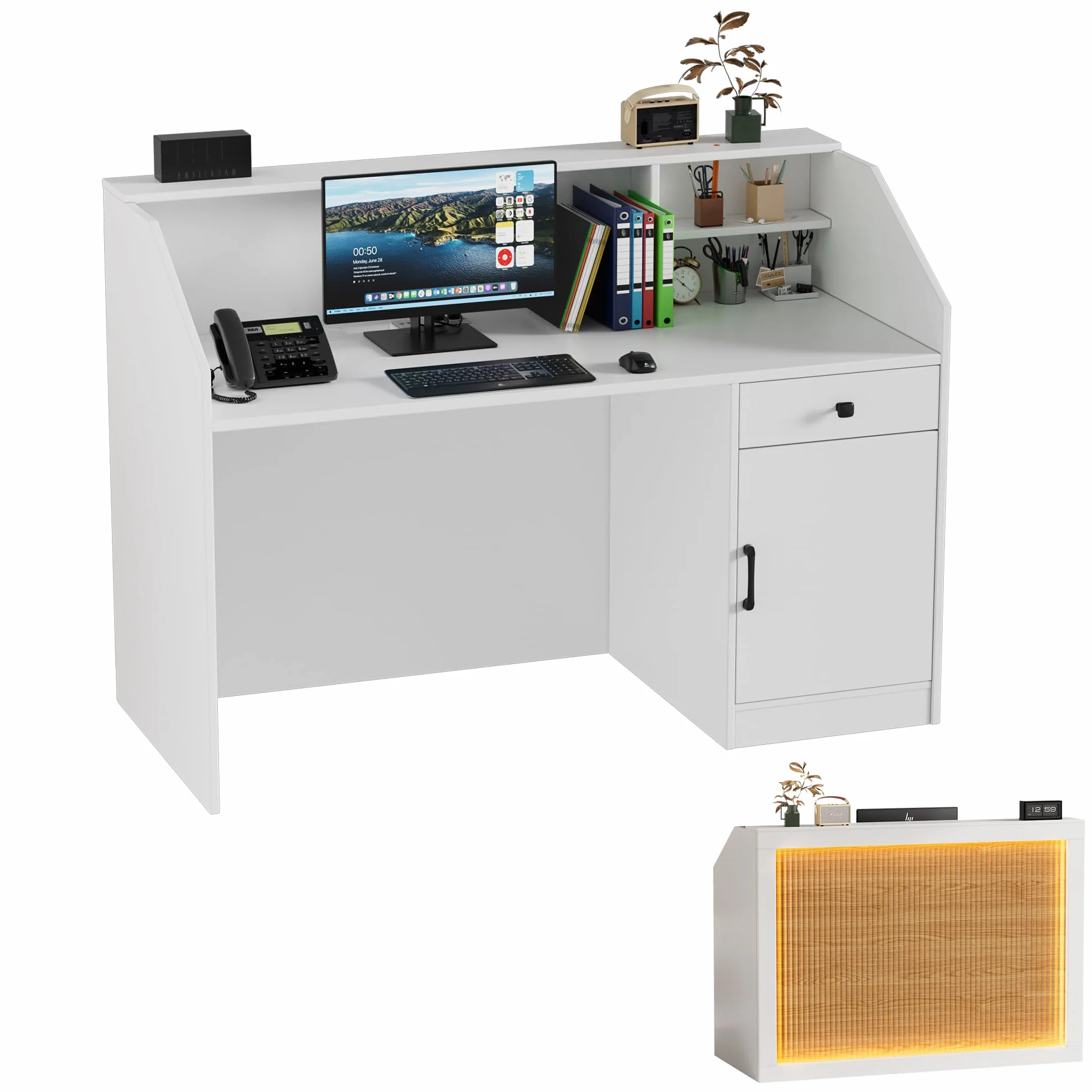 MSFE Mostrador Recepcion con LED,Mostrador de Recepción Grandes con Cajón Armario y Tomas de Corriente,Mostrador de Venta para Caja,Vestíbulo,Salón de Belleza,Oficina,Mueble de Recepción,140*60*110CM