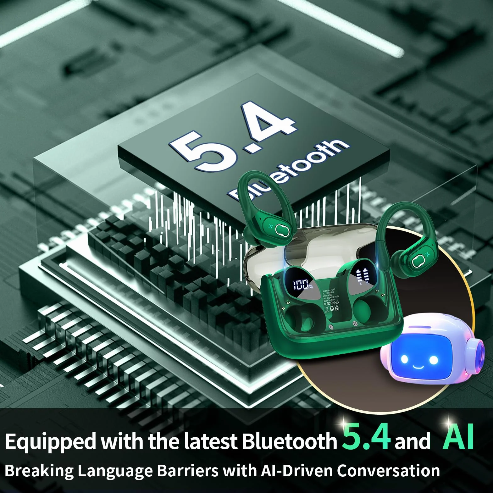 AI Auriculares Traductor en Tiempo Real(2026), 164 Idiomas y 6 Modos de Traducción, 3 in 1 AI Auriculares Traductor, Bluetooth 5.4 con ENC y App con para Viajes/Negocios/Aprendizaje/Reunirse Verde