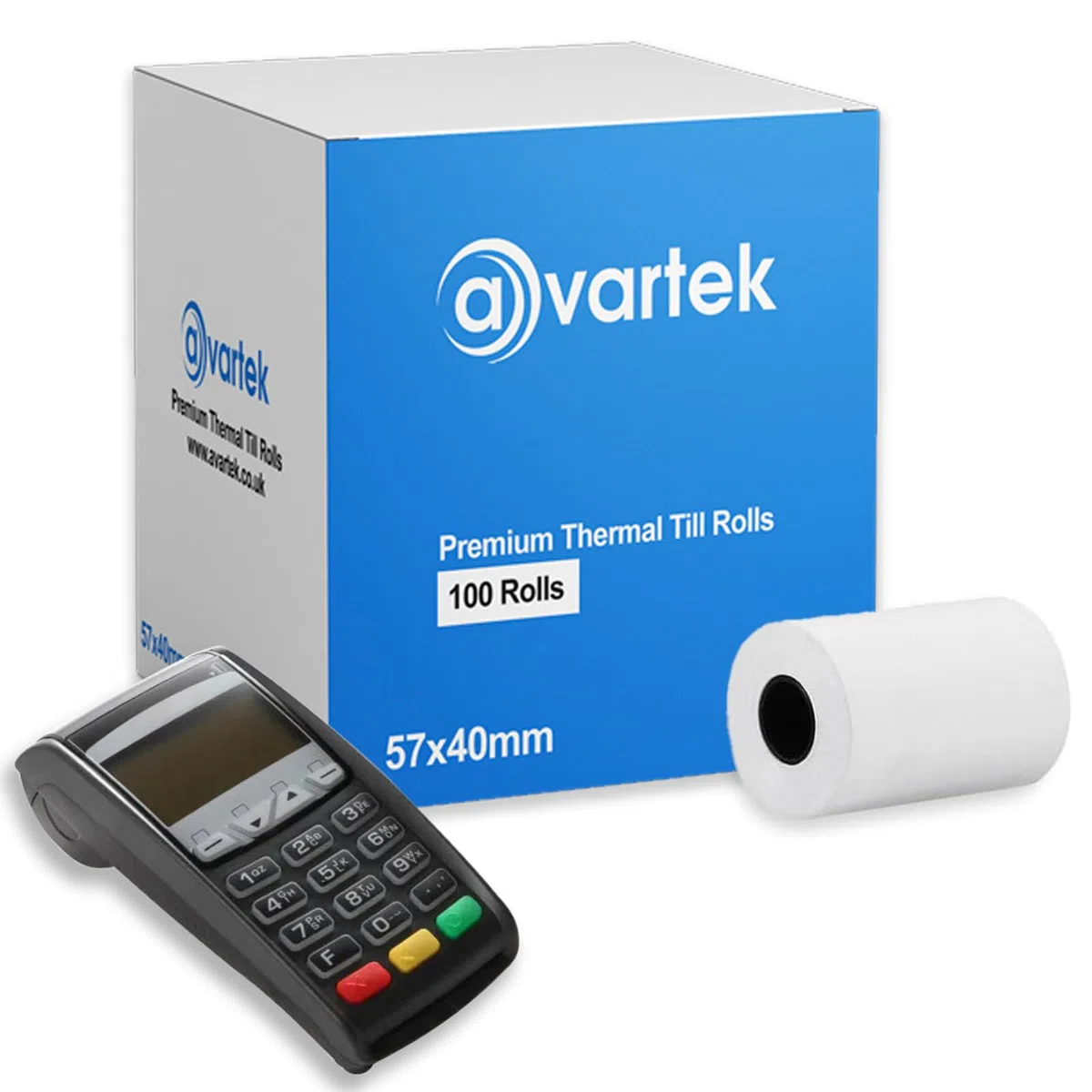 Rollos de papel térmico prémium de 57 x 40 mm para tarjetas de crédito PDQ, POS, EPOS, máquinas de tarjetas, Barclaycard, Verifone, Ingenico, Sagem, Spire, Pax, Worldpay [Paquete de 100] AVARTEK