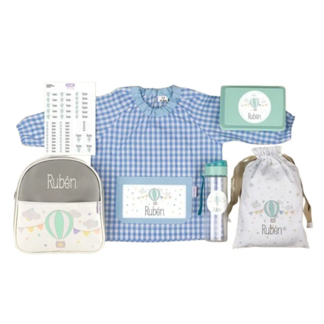 Pack Guarderia Personalizado - Globo Azul | Pack Vuelta al Cole Primaria con Todo lo Necesario | Personalizado con Nombre, Cómodo, 1-2 Años, Fácil de Lavar | Ideal para Guardería, Colegio